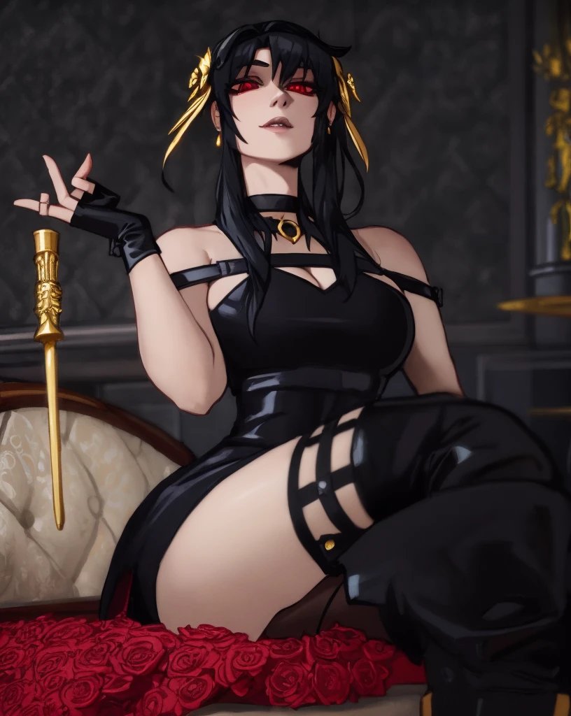 1girl as enjinight cosplaying yor forger, black dress, holding a golden dagger and wearing a black outfit, seductive yor foger portrait, sidelocks, gold hairband, hair ornament, red eyes, gold earring, large breasts, choker, bare shoulders, black dress, two-sided dress, fingerless gloves, thigh boots