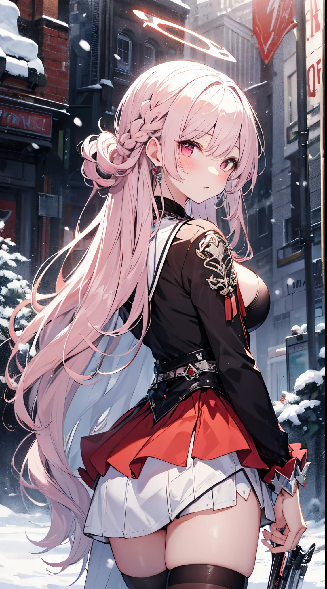 ((tmasterpiece:1.4, Best quality))+, (hyper-detailing)+, (A detailed eye:1.5)+, (White Dragon Horn:1.5), (cute girls), (Pale pink eyes:1.5), Extra-long hair, Braided edges on both sides, (wariza:1.2), pale-skinned, (Red and white dress:1.5), (Red ribbons, Red stockings,black long dress:1.4), dense fog, metal chains, clubs, snow landscape,(high priestess:1.1), (dawn light:1.2), ), (Close-up cleavage:1.1), (elevation perspective:1.3), fingersmile, light blush, forehead jewel, Colored inner hair, Striped hair, Light pink hair, from back, god light,The halo,