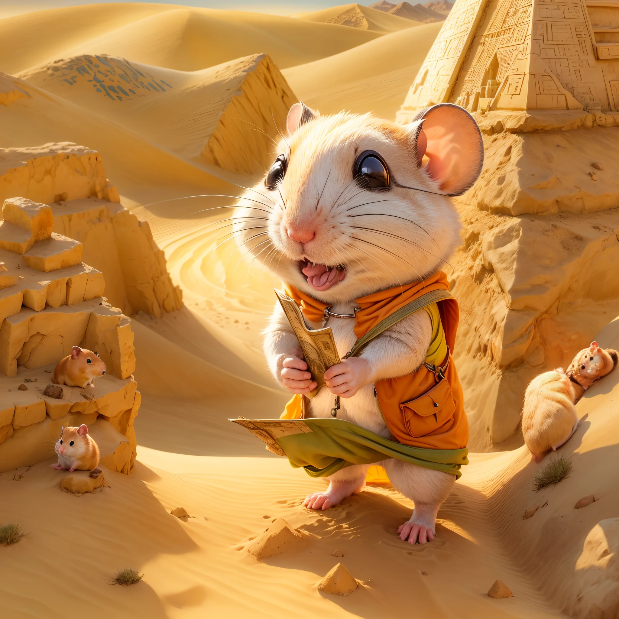 in the vast desert, A hamster excitedly embarks on an adventure，Dress up in a special explorer's costume，The outfit also has small pockets，Necessary tools and food are allowed, Wearing a wide-brimmed helmet，Tie a bright silk scarf on it, After wearing trendy orange sunglasses，Eyes twinkle with curiosity, ((The hamster is holding an old map in his hand))，The location of the Desert Pyramids is marked above，Walk through sand dunes and desert vegetation, Step by step, Towering buildings are made of gold sand，gleaming in the sunlight. Its surface is carved with mysterious symbols and patterns, The setting sun casts a warm glow on the pyramids, Hamster adventurer begins climbing the steep face of the pyramid，Look carefully for every foothold and protruding stone，from the top of the pyramid, Lulu could see the endless desert extending into the distance. The sun illuminates the golden dunes, (Ghibli-style colors, 电影灯光, first person perspective, angle of view, in a panoramic view, ultra-wide-angle, hyper HD, Anatomically correct, tmasterpiece, acurate, Award-Awarded, Best quality at best)，