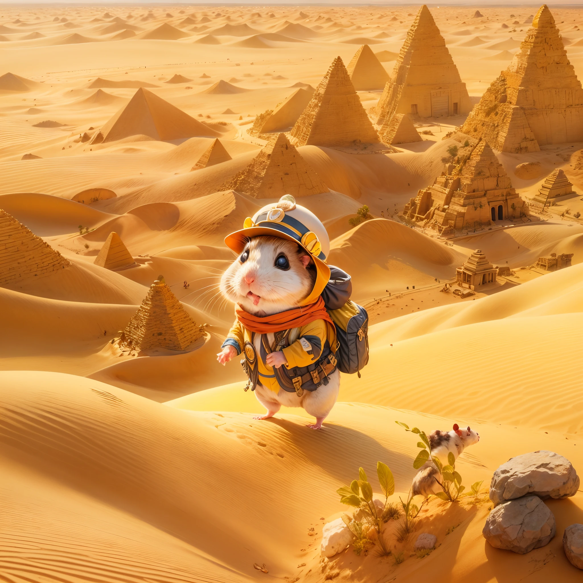 in the vast desert, A hamster excitedly embarks on an adventure，Dress up in a special explorer's costume，The outfit also has small pockets，Necessary tools and food are allowed, Wearing a wide-brimmed helmet，Tie a bright silk scarf on it, After wearing trendy orange sunglasses，Eyes twinkle with curiosity, ((The hamster is holding an old map in his hand))，The location of the Desert Pyramids is marked above，Walk through sand dunes and desert vegetation, Step by step, Towering buildings are made of gold sand，gleaming in the sunlight. Its surface is carved with mysterious symbols and patterns, The setting sun casts a warm glow on the pyramids, Hamster adventurer begins climbing the steep face of the pyramid，Look carefully for every foothold and protruding stone，from the top of the pyramid, Lulu could see the endless desert extending into the distance. The sun illuminates the golden dunes, (Ghibli-style colors, 电影灯光, first person perspective, angle of view, in a panoramic view, ultra-wide-angle, hyper HD, Anatomically correct, tmasterpiece, acurate, Award-Awarded, Best quality at best)，