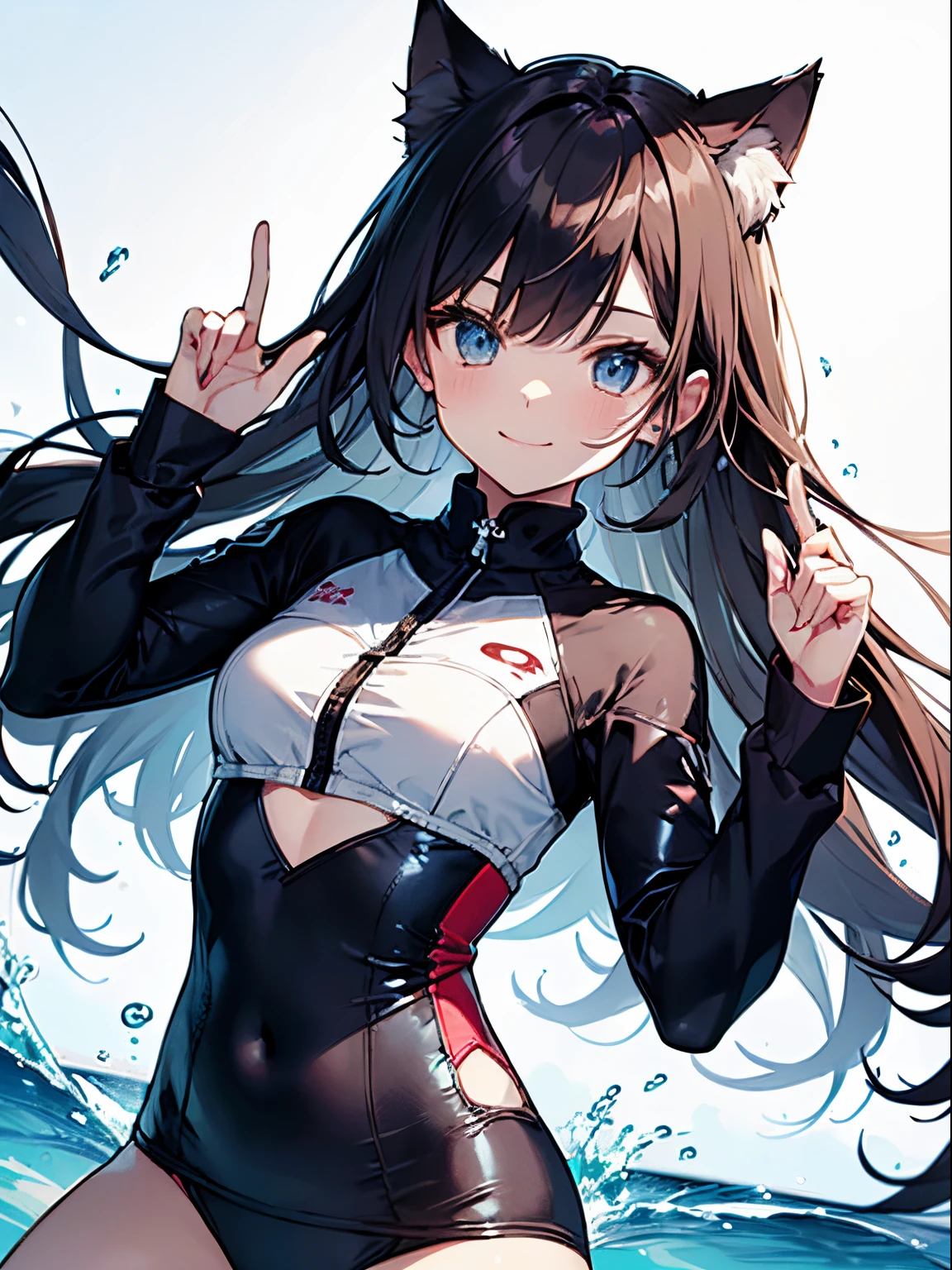 ((2D beautiful girl、top-quality、Perfect Finger 1.3、Perfect Anatomy 1.3、extremely delicate and beautiful illustration))、cute petit girl、(transform sequence)、((swim wears))、、Slender beautiful girl、Fractal Art、baby-face、((strigong h)、big drooping eyes、Winked smile、Full Body Display、(1 persons)、quiet sandy beach、Chinese style long sleeve、cat ear、