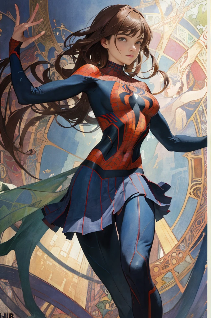 Daniel Panabaker、Sticking out the navel、newyork、She wears a torn Spider-Man suit,wearing skirt、abstract photorealistic、artistic、Alphonse Mucha's painting(masterpiece、top-quality、hight resolution:1.4)、detaileds、intricate-detail、4K、color splashes、line-drawing、Fibonacci、