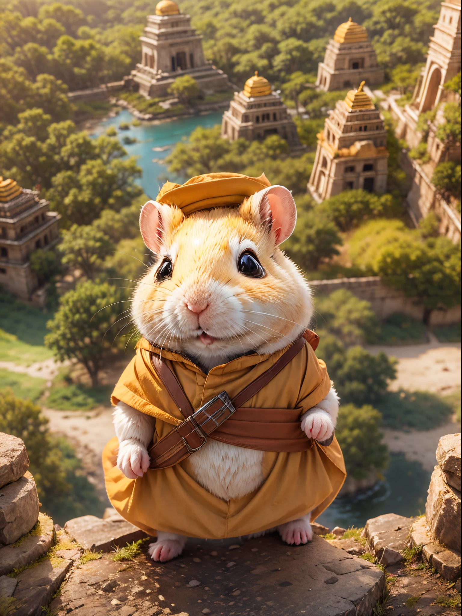 in the vast forest, A hamster excitedly embarks on an adventure. Dress up in a special explorer's costume. The outfit also has small pockets，Necessary tools and food are allowed, Wearing a wide-brimmed straw hat，Tie a bright silk scarf on it, After wearing trendy orange sunglasses，Eyes twinkle with curiosity, ((Hamster holds an old map in his hand))，It marks the location of the forest treasures. Through dense woods and rivers, Step by step, you will be able to reach your destination. Towering Mayan temples were built from sand，gleaming in the sunlight. Its surface is carved with mysterious symbols and patterns, The afterglow of the setting sun casts warm light on the temple, Hamsters start climbing the steep face of the temple. Look carefully for every foothold and protruding stone，keep her safe. when the hamster reaches the top of the mountain, Marvel at the spectacular jungle scenery. From the top of the Mayan temple, You can see the endless desert extending into the distance. The sun illuminates the Golden Temple, (Ghibli-style colors, 电影灯光, first person perspective, angle of view, in a panoramic view, ultra-wide-angle, hyper HD, Anatomically correct, tmasterpiece, acurate, Award-Awarded, Best quality at best)