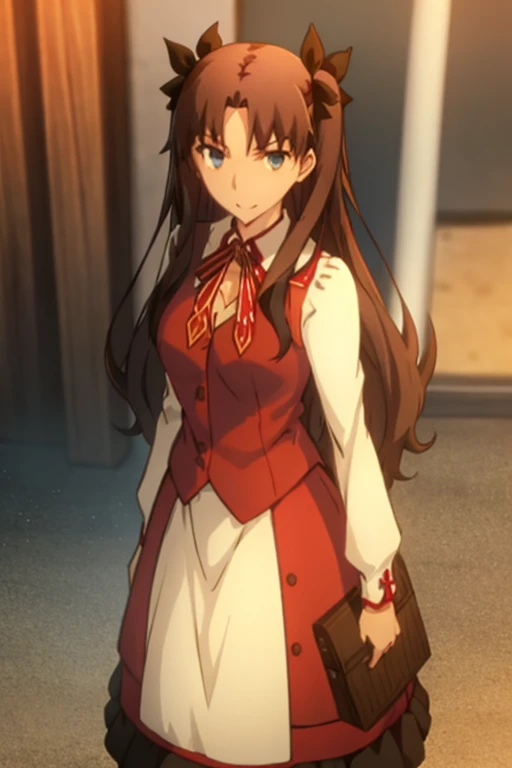 Best Quality, (masutepiece:1.2), Highly detailed, Tohsaka, 1girl in, Solo,Looking at the viewer, slight smile, slight blush, Long hair, two side up, Brown hair, Blue eyes, Hair Ribbon, Skirt suit,(cleavage of the breast),Breasts are big, Homurahara Gakuen uniform