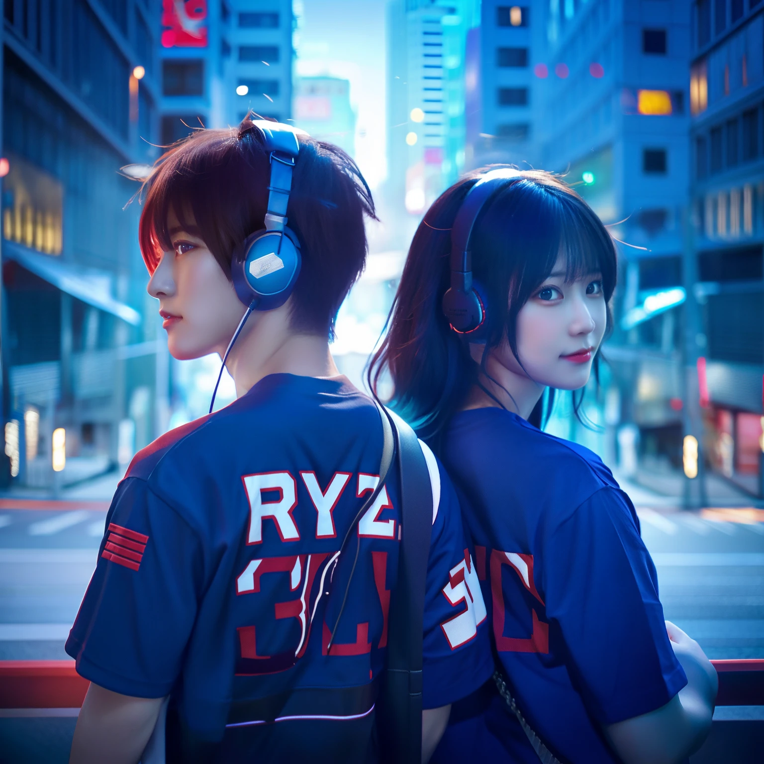 anime couple in blue t - shirt with headphones on in city, ryuu, anime style 4 k, 2 d anime style, profile picture 1024px, jazza and rossdraws, anime style. 8k, in anime style, anime style only, stylized anime, modern anime style, nightcore, red and cyan, anime style artwork