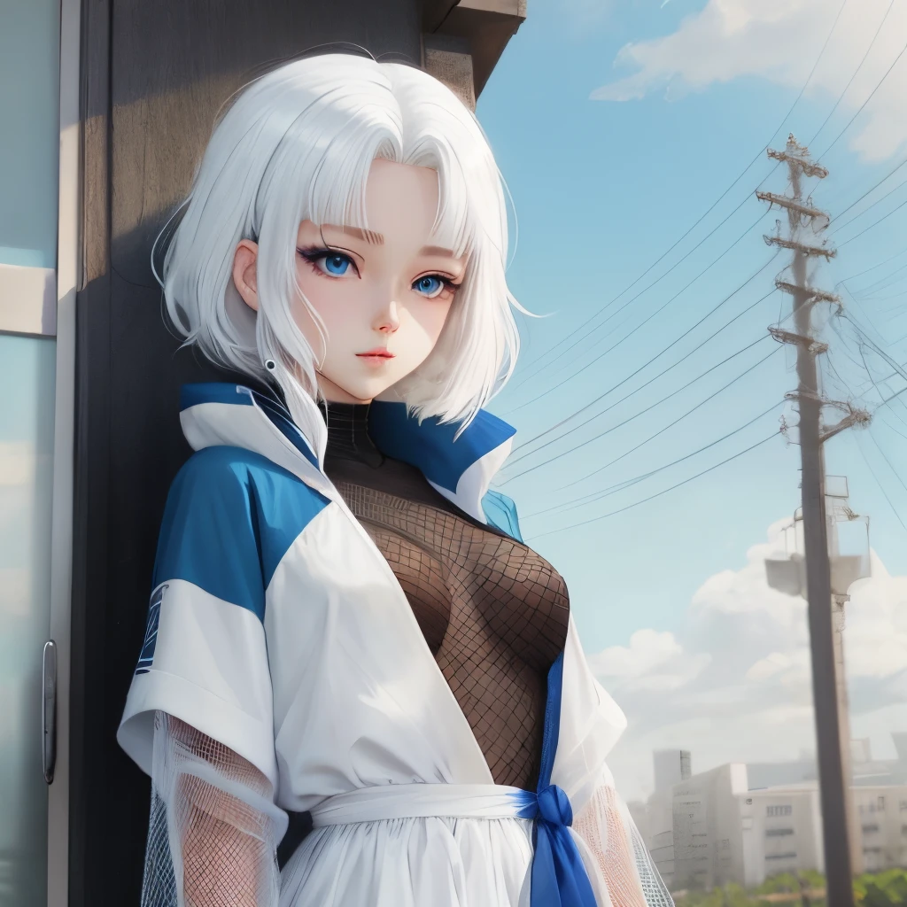 Woman dressed in white shirt, thoughtful look with hijab, light ray, beauty, hot , panties, sexy, wet, lying in the tower city, amazing light, straddle, blue sky, city skapes, futures, ahegao, on vital.