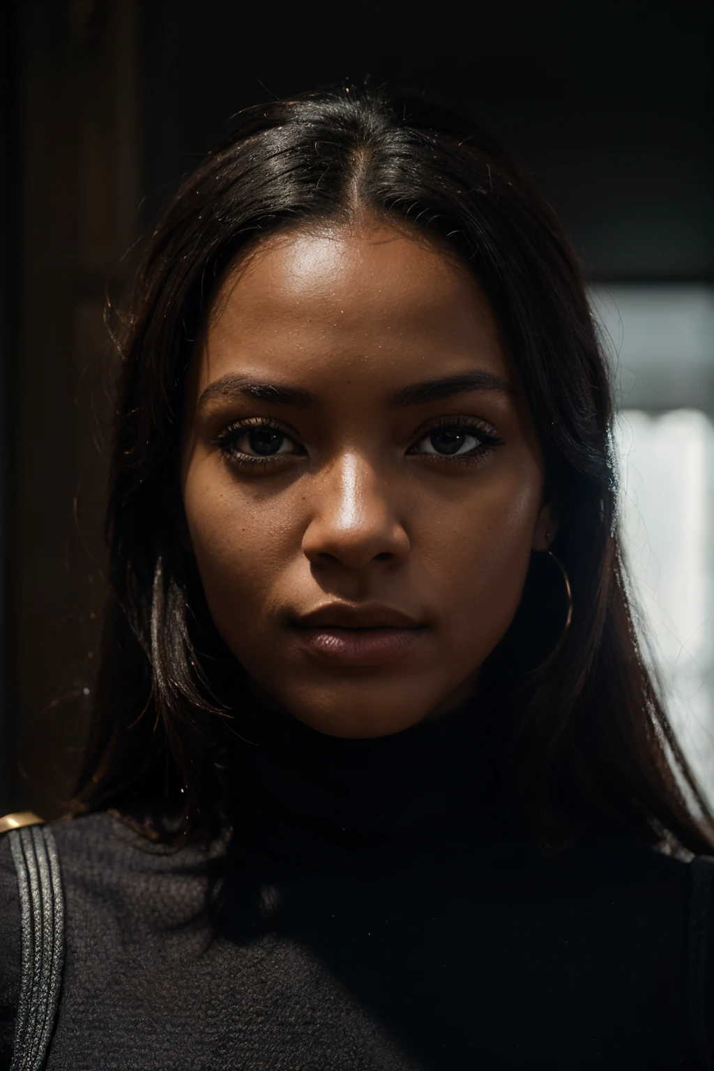 A woman with peau pêche metisse black, 24 ans, yeux bleu, visage attrayant, luz, lighting cinematic. photographie, Realistic symmetrical face detailed, cheveux noir. Nikon D850 Photographie, Kodak Portra 400 F1 Camera Lens.6, Extremely detailed, orgie incroyable, Plan portrait. finedetail, Hyper realistic texture, dramatic lighting, High quality, Full resolution, mise au point nette, Extremely detailed, lighting cinematic, 8K UHD.