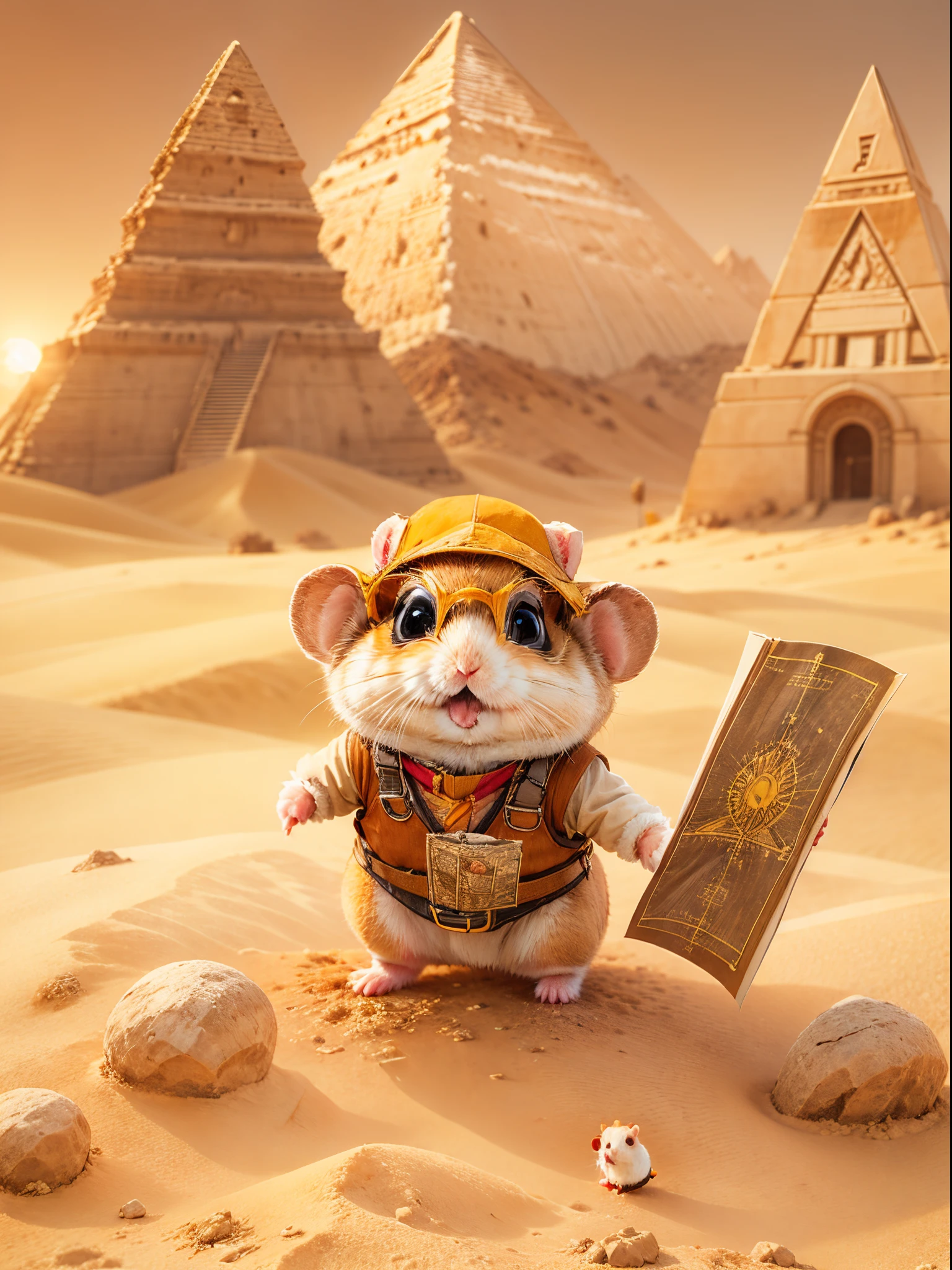 in the vast desert, A hamster excitedly embarks on an adventure,Dress up in a special explorer's costume,The outfit also has small pockets,Necessary tools and food are allowed, Wearing a wide-brimmed helmet,Tie a bright silk scarf on it, After wearing trendy orange sunglasses,Eyes twinkle with curiosity, ((The hamster is holding an old map in his hand)),The location of the Desert Pyramids is marked above,Walk through sand dunes and desert vegetation, Step by step, Towering buildings are made of gold sand,gleaming in the sunlight. Its surface is carved with mysterious symbols and patterns, The setting sun casts a warm glow on the pyramids, Hamster adventurer begins climbing the steep face of the pyramid,Look carefully for every foothold and protruding stone,from the top of the pyramid, Lulu could see the endless desert extending into the distance. The sun illuminates the golden dunes, (Ghibli-style colors, 电影灯光, first person perspective, angle of view, in a panoramic view, ultra-wide-angle, hyper HD, Anatomically correct, tmasterpiece, acurate, Award-Awarded, Best quality at best),