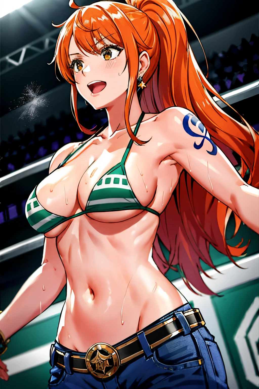 audience, (cowboy), little biceps, (wrestling arena with audience), detailed background, masterpiece, 4k, epic, best quality, adult, wrestler body, strong, 1girl, active, energic, (big mouth) , solo, nami \(one piece\), 1girl, bangle, (very wet, drenched in sweat, sweat all over body, very wet hair, tired, open mouth, exhausted, shouting, sweaty face, sweaty body, sweating too much, shiny sweat, leaning, cowboy, open eyes, perfect detailed face, round face, sweat on face) bold drawing lines, muscular arms, detailed bold arm lines, flat jaw, adult woman, wavy wide streaked bangs, floating bang, (big cheeks), bare shoulders, off-shoulders, belt, blue bikini, bikini top only, bracelet, ((round breasts)), breast lines, big round eyes, very big brown shiny eyes, bubbles, high eye position, cleavage, denim, earrings, ponytail, long left bangs, floating hair, shiny hair, green belt, green bikini, bold groin lines, jeans, long hair, looking at viewer, big navel, wet hair, orange hair, pants, shoulder tattoo, , , solo, standing, stomach, , tattoo , looking at viewer, open mouth, detailed left arm, big forehead, hourglass figure, small head, toned body, wide hair, narrow small ears angle, older,