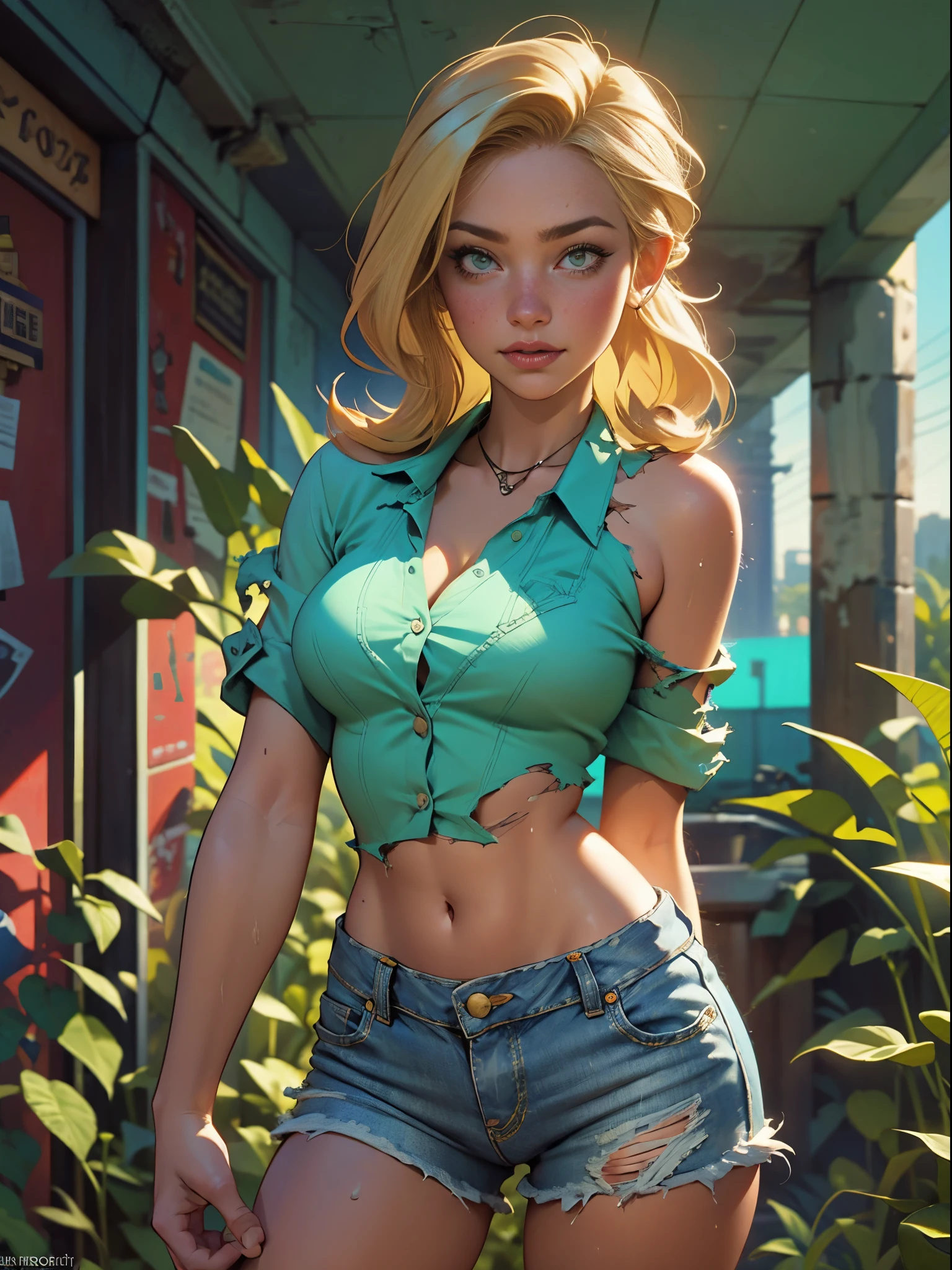 2076 year. The Urban Ruins of the Wasteland, Female huntress picking fruit in the garden, beautiful face, blonde, badly torn shirt and denim shorts , long legs, sweating through, sun rising, Nice warm colors, head to toe, full body shot, pretty hands, perfect fingers,