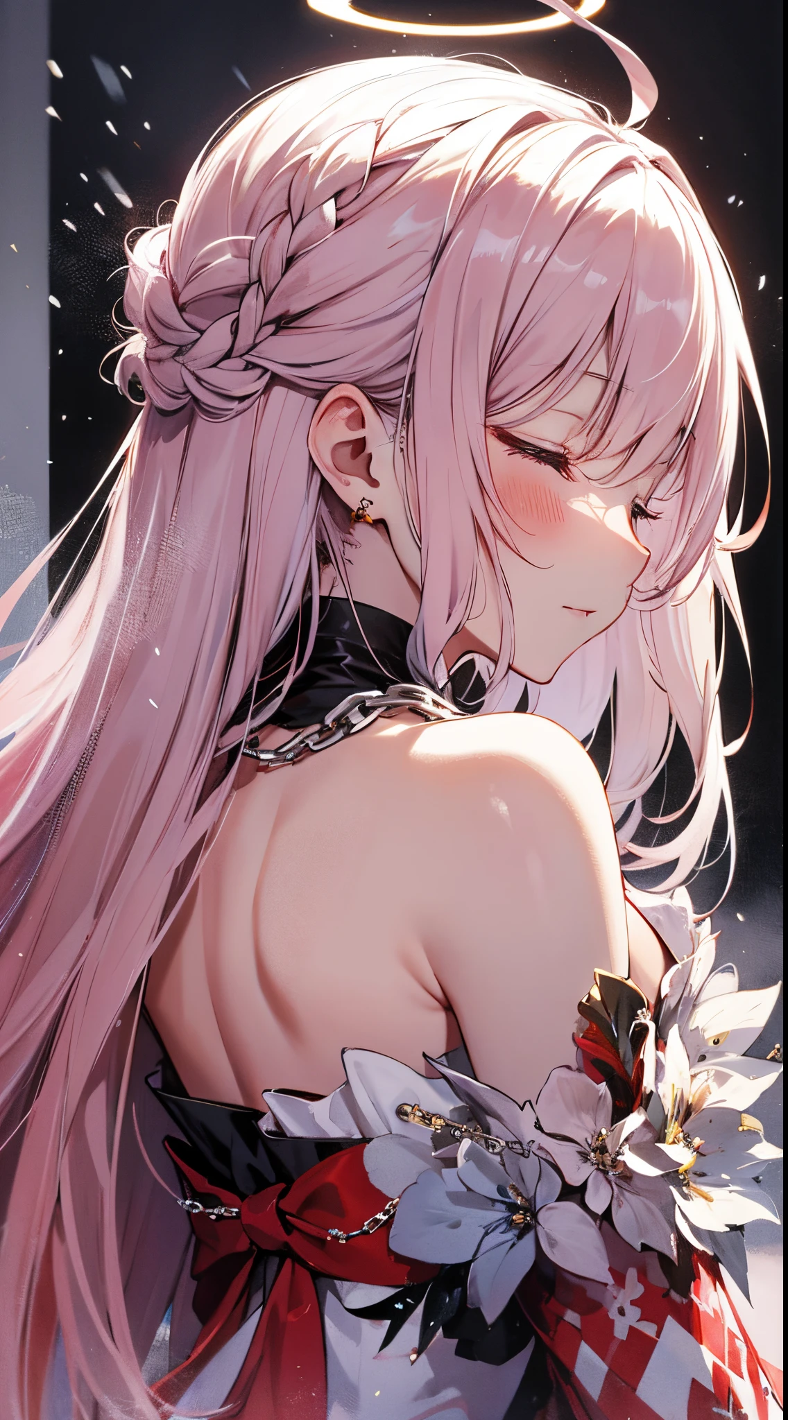 （（tmasterpiece：1.4, Best quality at best））+, （hyper-detailing）+, （A detailed eye：1.5）+, （White Dragon Horn：1.5）, （cute girls）, （closing her eyes：1.5）, Extra-long hair, Braided edges on both sides, （wariza：1.2）, pale-skinned, （Red and white dress：1.5）, （Red ribbons, Red stockings，black long dress：1.4）, dense fog, metal chains, club, snow landscape，（high priestess：1.1）, （dawn light：1.2）, ）, （Close-up cleavage：1.1）, (elevation perspective:1.3), fingersmile, light blush, forehead jewel, Colored inner hair, Striped hair, light pink colored hair, from back, god light，The halo，