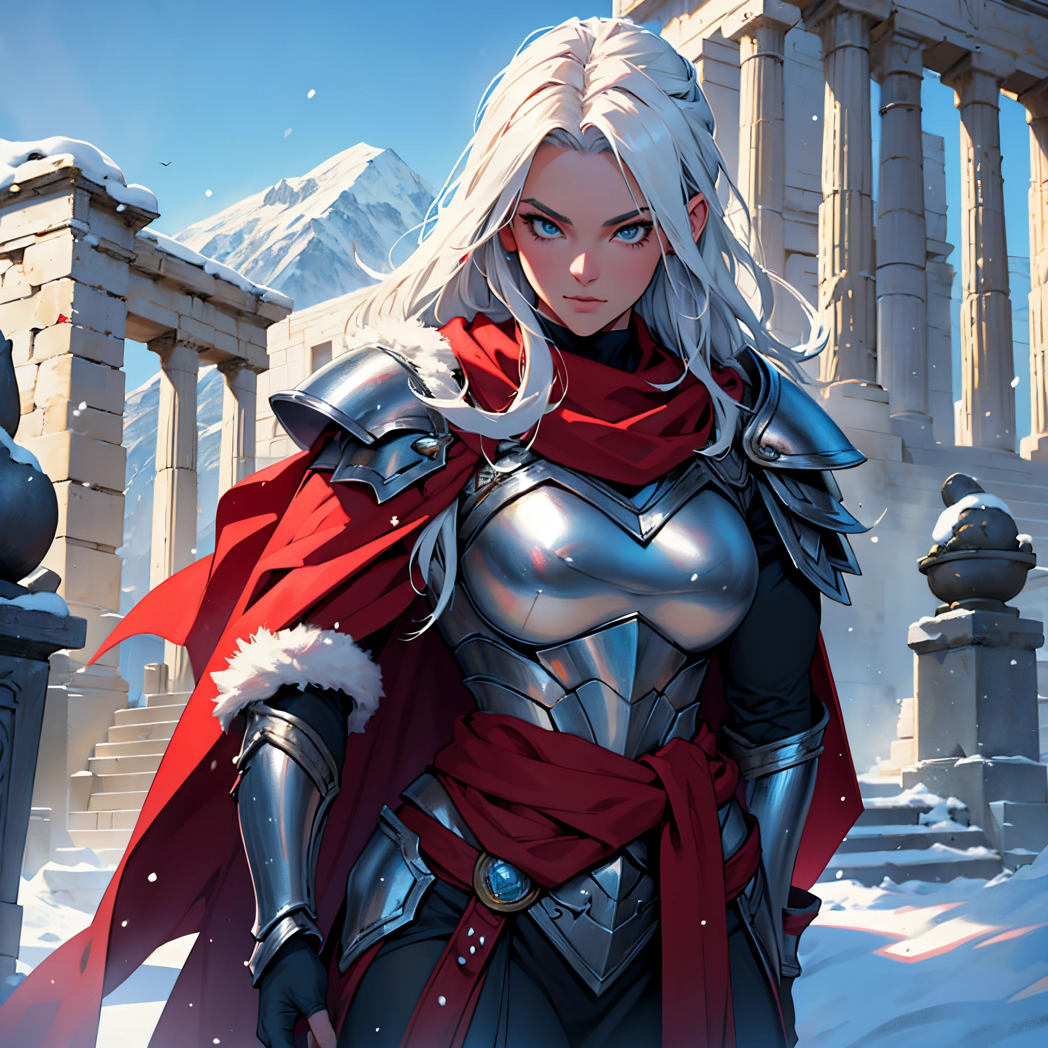 masterpiece, Best Quality, 4k, Background with:In front of the snow-covered stairs of a Greek temple with snow-capped mountains in the distance, One female Valkyrie warrior wearing silver armor and dark red cape, super saiyan head, Fantasy, close up portrait photo