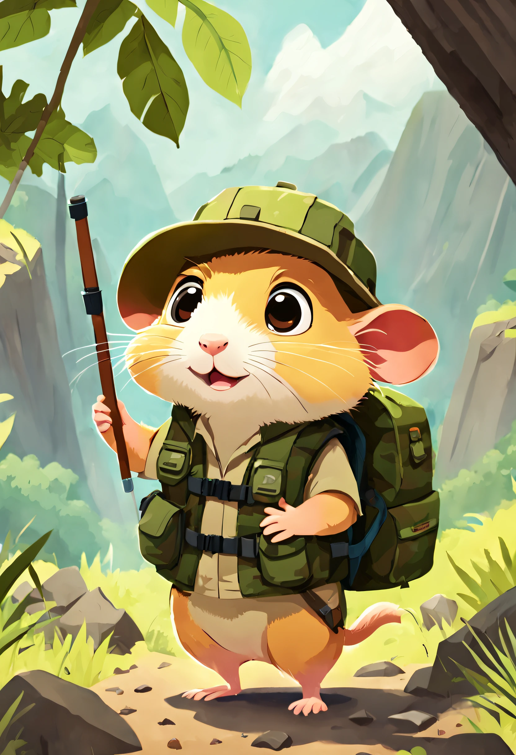 educate children&#39;s book illustration, RGB palette, ((Hamster Adventurer, Wearing a camouflage adventure vest，Ample pockets for storing gadgets and food，Wearing an adventure hat，Carrying a small backpack，Bring a small hiking pole))，Rainy weather, Jungle adventure, treasures，hole in mountain，During the day, Curious mood , 児童書, (Ghibli-style colors, by Pixar, hyper HD, tmasterpiece, acurate, Anatomically correct, ctextured skin, super detailing, high detal, high qulity, Award-Awarded, Best quality at best, 16k), 児童書