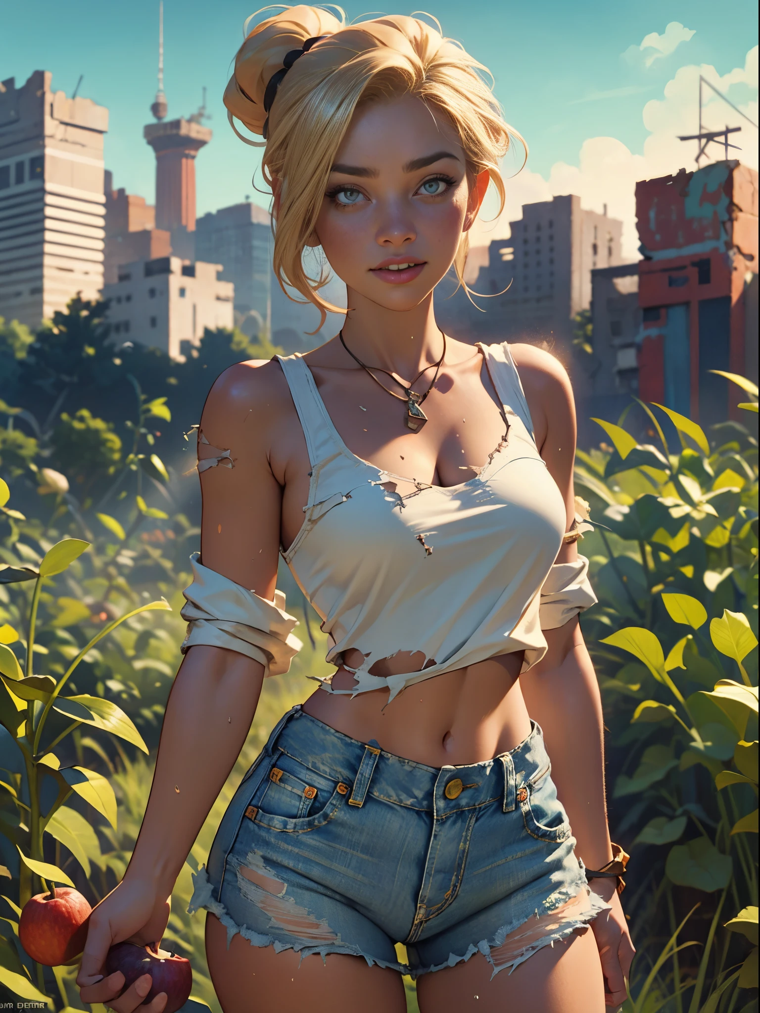 2076 year. The Urban Ruins of the Wasteland, Female huntress picking fruit in the garden, beautiful face, blonde, badly torn shirt and denim shorts ,  long legs, sweating through, sun rising, Nice warm colors, head to toe, full body shot, pretty hands, perfect fingers,