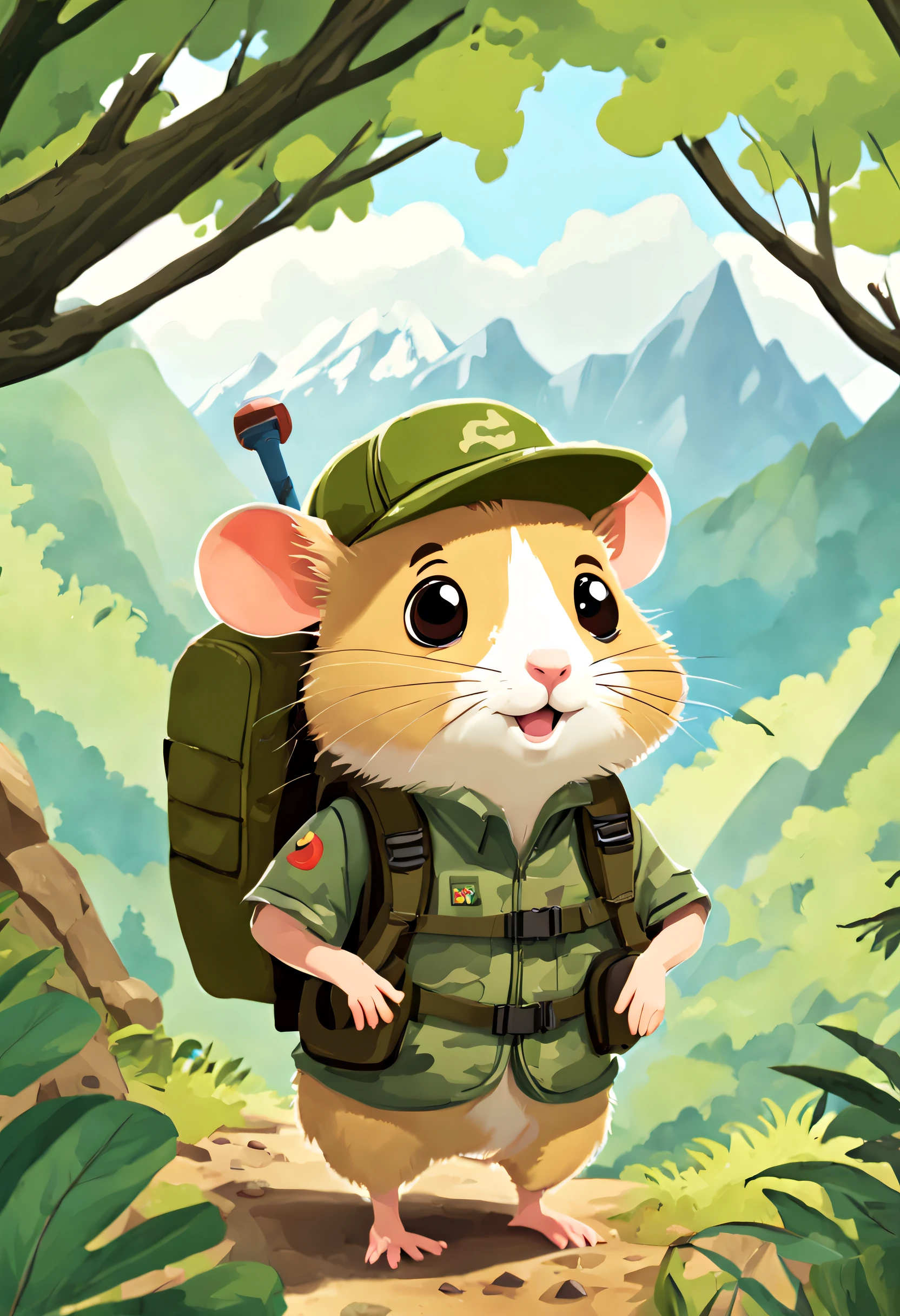 educate children's book illustration, RGB palette, ((Hamster Adventurer, Wearing a camouflage adventure vest,Ample pockets for storing gadgets and food,Wearing an adventure hat,Carrying a small backpack,Bring a small hiking pole)),Rainy weather, Jungle adventure, treasures,hole in mountain,During the day, Curious mood , 児童書, (Ghibli-style colors, by Pixar, hyper HD, tmasterpiece, acurate, Anatomically correct, ctextured skin, super detailing, high detal, high qulity, Award-Awarded, Best quality at best, 16k), 児童書
