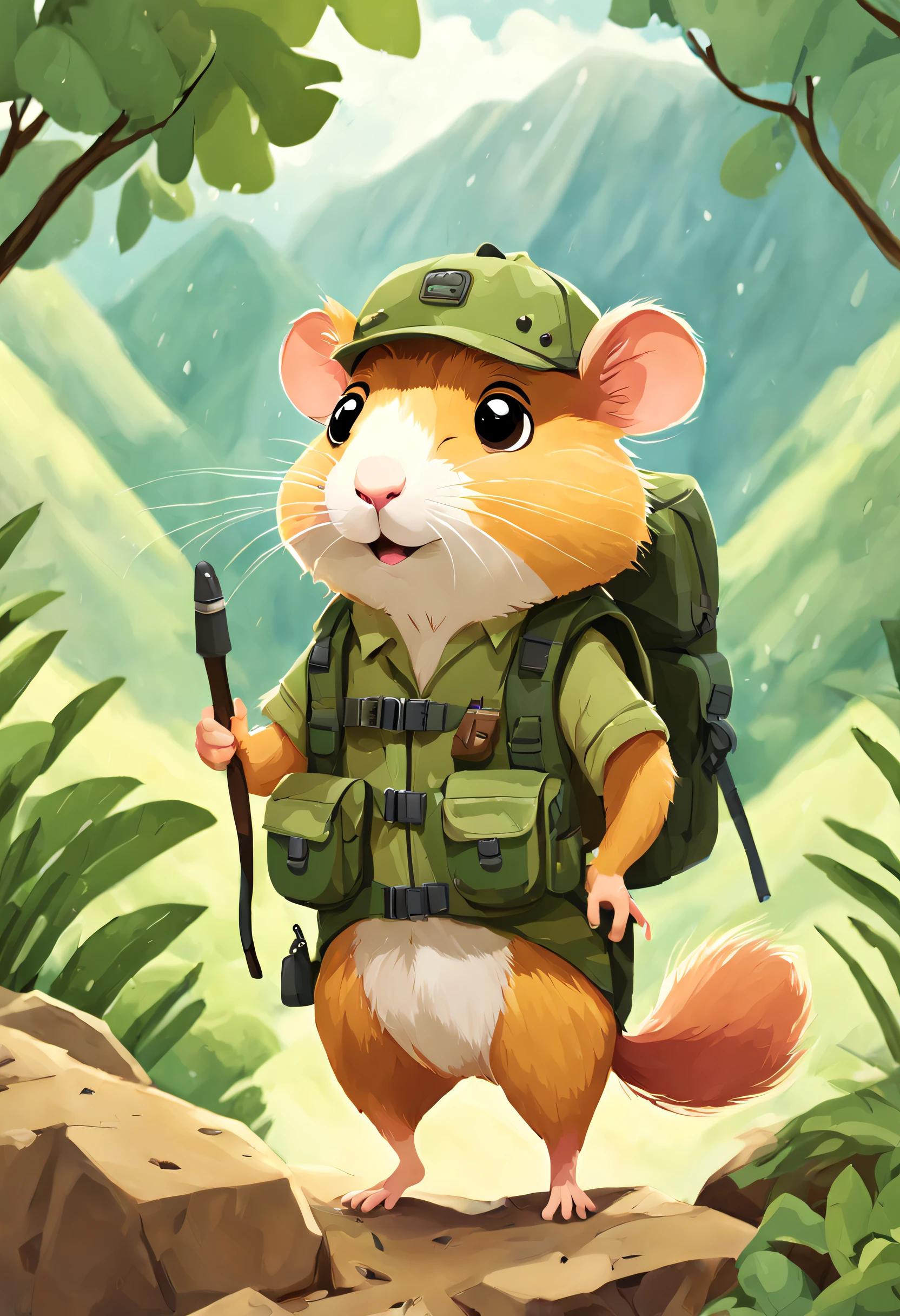 (Best quality at best, 8K, A high resolution, tmasterpiece:1.2), ultra - detailed, (actual, realistically, realistically:1.37), Vibrant colors, magical ambiance, Whimsical, ((1 cute hamster adventurer，Wear a lightweight and durable adventure gear，Camouflage Colorful Adventure Vest，Wearing an adventure hat，Bring a small hiking pole, Explore a Mayan temple in the pristine jungle)), Surreal, Psychedelic, Complicated details, Beautiful texture, Ethereal, like a dream, Soft glowing light, Charming Patterns, fantastical creature, Hidden surprises, dreamlike landscapes, Surreal color palette, Mystic aura, ultra-realistic realism, Enchanting journey, psychedelic trip, vivid imagination, immersive experience, mysterious creature, otherworldly charm, glowing paths, light up the forest floor, surreal sky, whimsical characters, glowing light eyes, a magical encounter, adventure helmet, Fascinating artwork