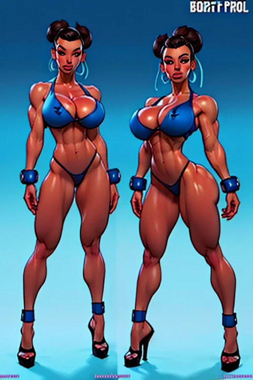 ((masterpiece)),(((best quality))),((character design sheet)), Drawing of street fighter Chun Li, dressed in (small dark blue micro-thong, dark blue micro-bikini:Star motif ) , ((Beautiful and aesthetic)), muscular fit body abs, Sexy, under-boobs, Hot, (Cream gradient background), giant tits, huge breasts