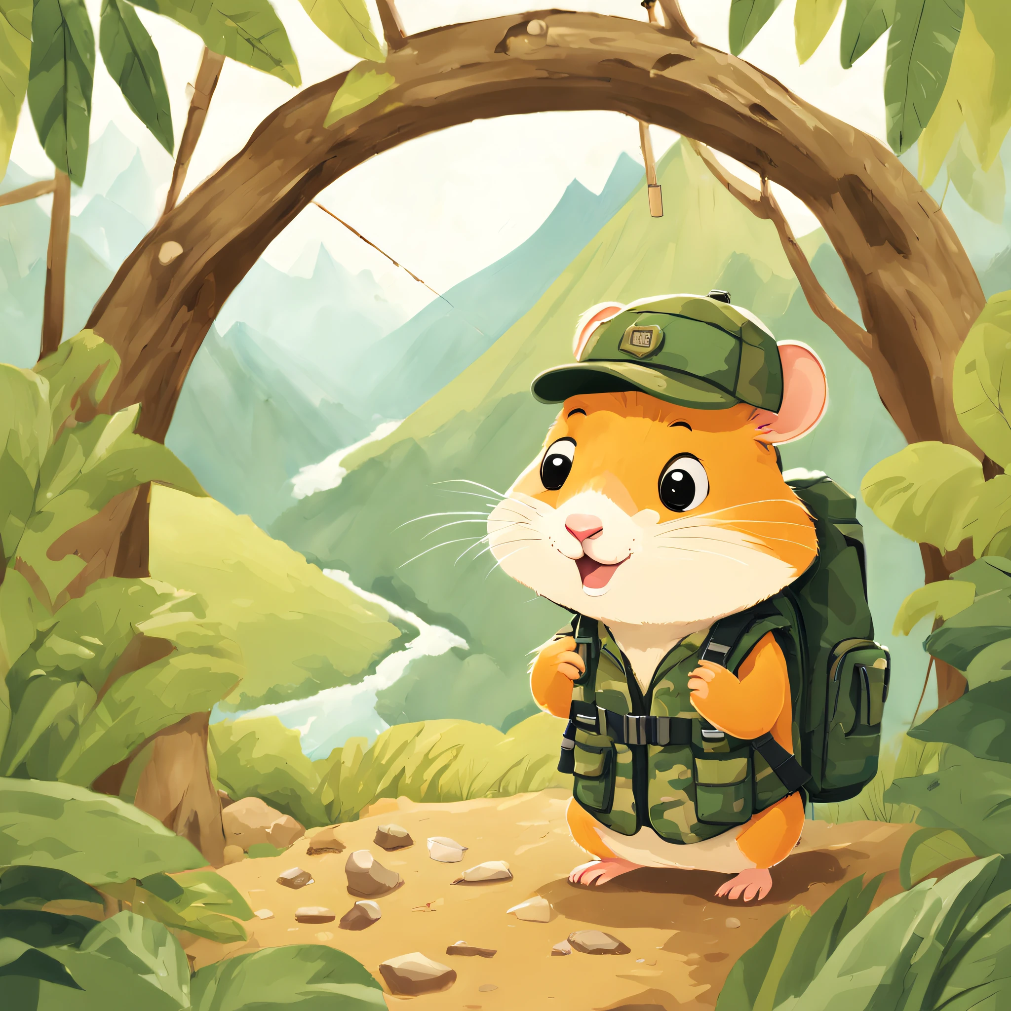 educate children&#39;s book illustration, main color palette, ((Hamster Adventurer, Wearing a camouflage adventure vest，Ample pockets for storing gadgets and food，Wearing an adventure hat，Carrying a small backpack，Bring a small hiking pole))，Rainy weather, Jungle adventure, treasures，hole in mountain，During the day, Curious mood , 児童書