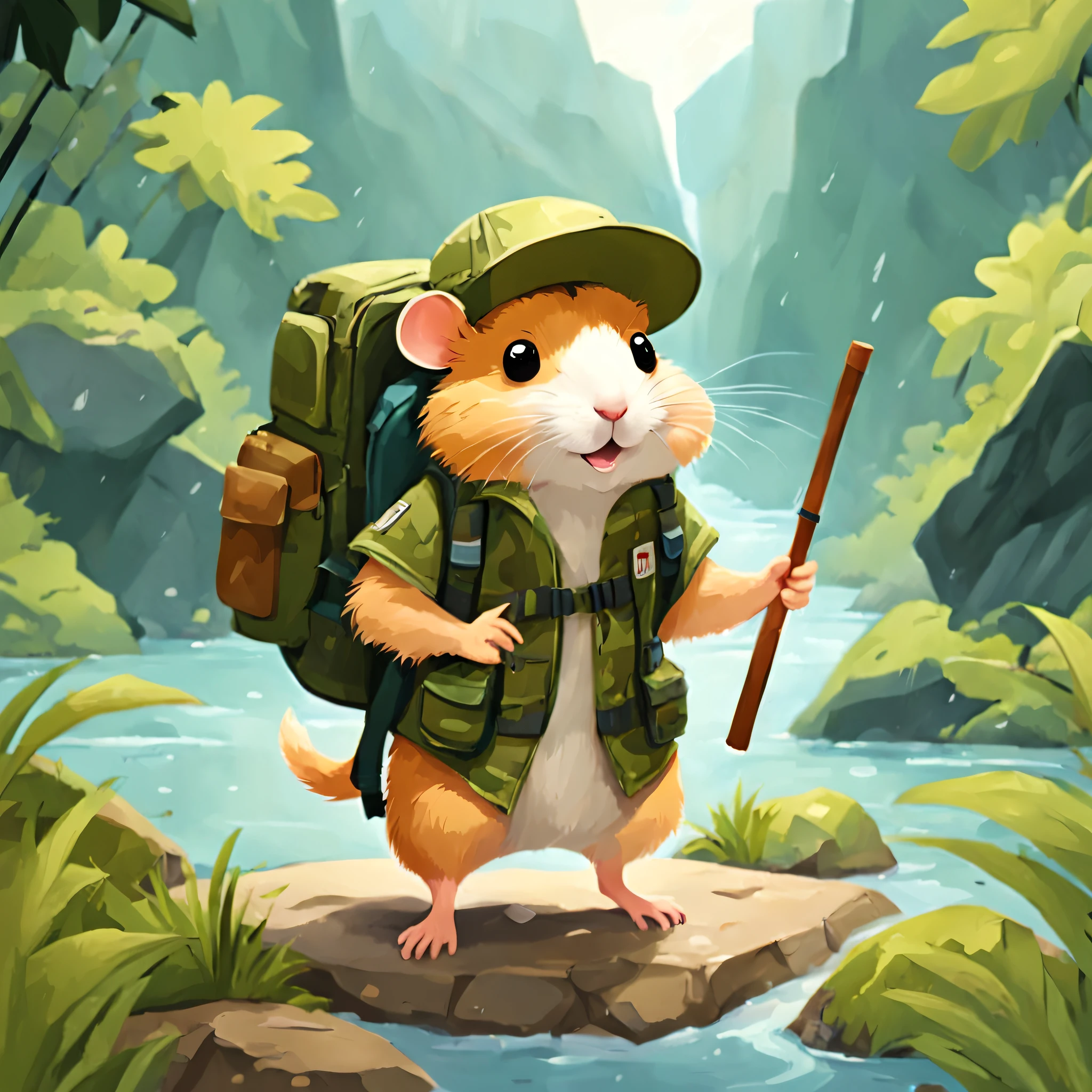 educate children&#39;s book illustration, main color palette, ((Hamster Adventurer, Wearing a camouflage adventure vest，Ample pockets for storing gadgets and food，Wearing an adventure hat，Carrying a small backpack，Bring a small hiking pole))，Rainy weather, Jungle adventure, treasures，hole in mountain，During the day, Curious mood , 児童書