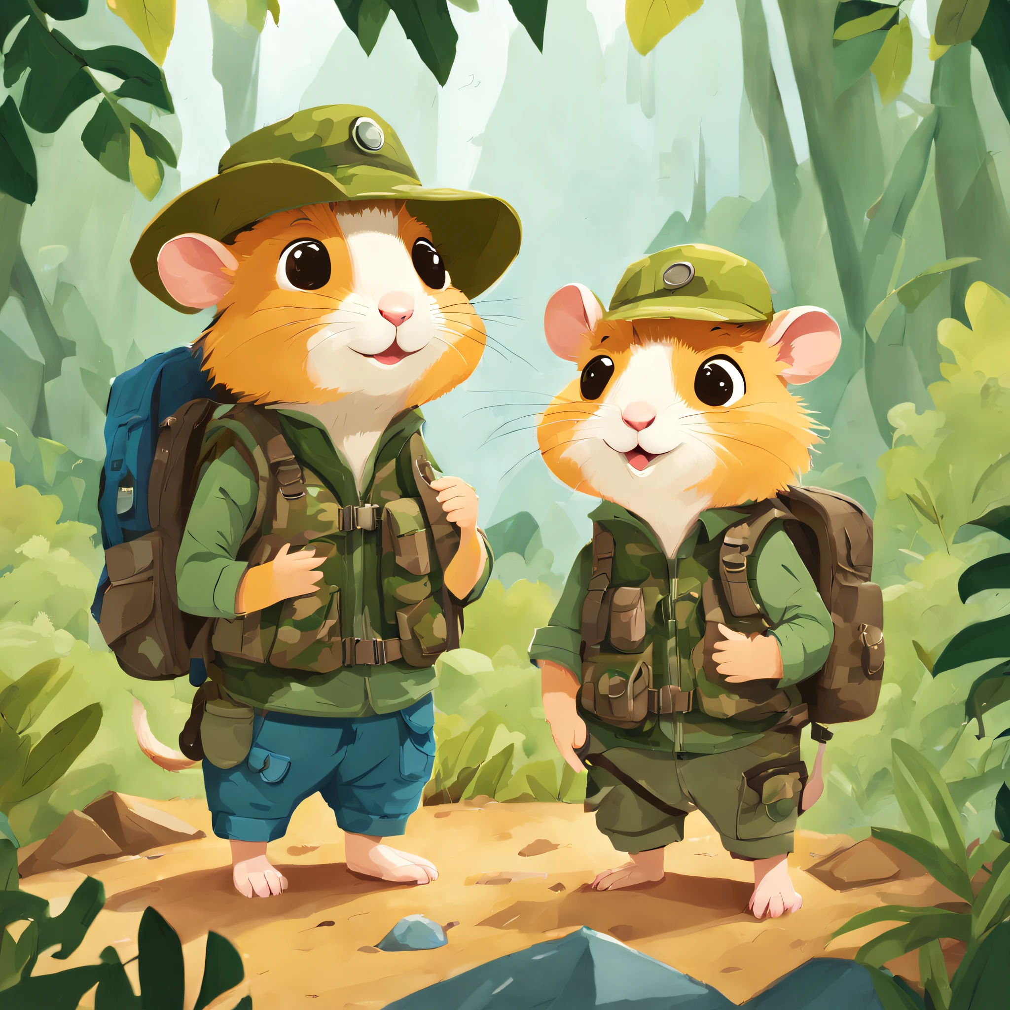 educate children's book illustration, main color palette, ((Hamster Adventurer, Wearing a camouflage adventure vest,Ample pockets for storing gadgets and food,Wearing an adventure hat,Carrying a small backpack,Bring a small hiking pole)),Rainy weather, Jungle adventure, treasures,hole in mountain,During the day, Curious mood , 児童書