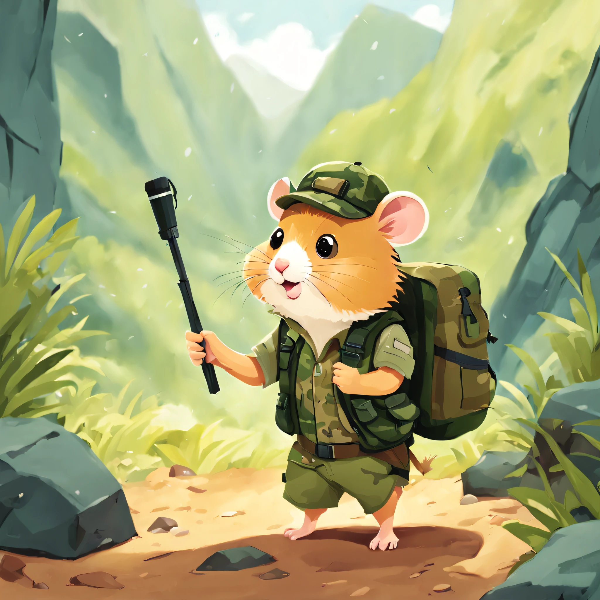 educate children's book illustration, main color palette, ((Hamster Adventurer, Wearing a camouflage adventure vest,Ample pockets for storing gadgets and food,Wearing an adventure hat,Carrying a small backpack,Bring a small hiking pole)),Rainy weather, Jungle adventure, treasures,hole in mountain,During the day, Curious mood , 児童書