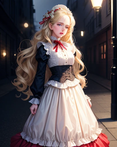 Realistic, 1girl, blonde girl, sophisticated feminine modest lolita fashion, long skirt, parted lips, blush, night, flowers, overcast, modest long skirt, hair, real, portrait, wavy hair, small breasts, modest feminine clothes, victorian gothic streets, daytime, foggy, village, ((Clohes color Red and white))