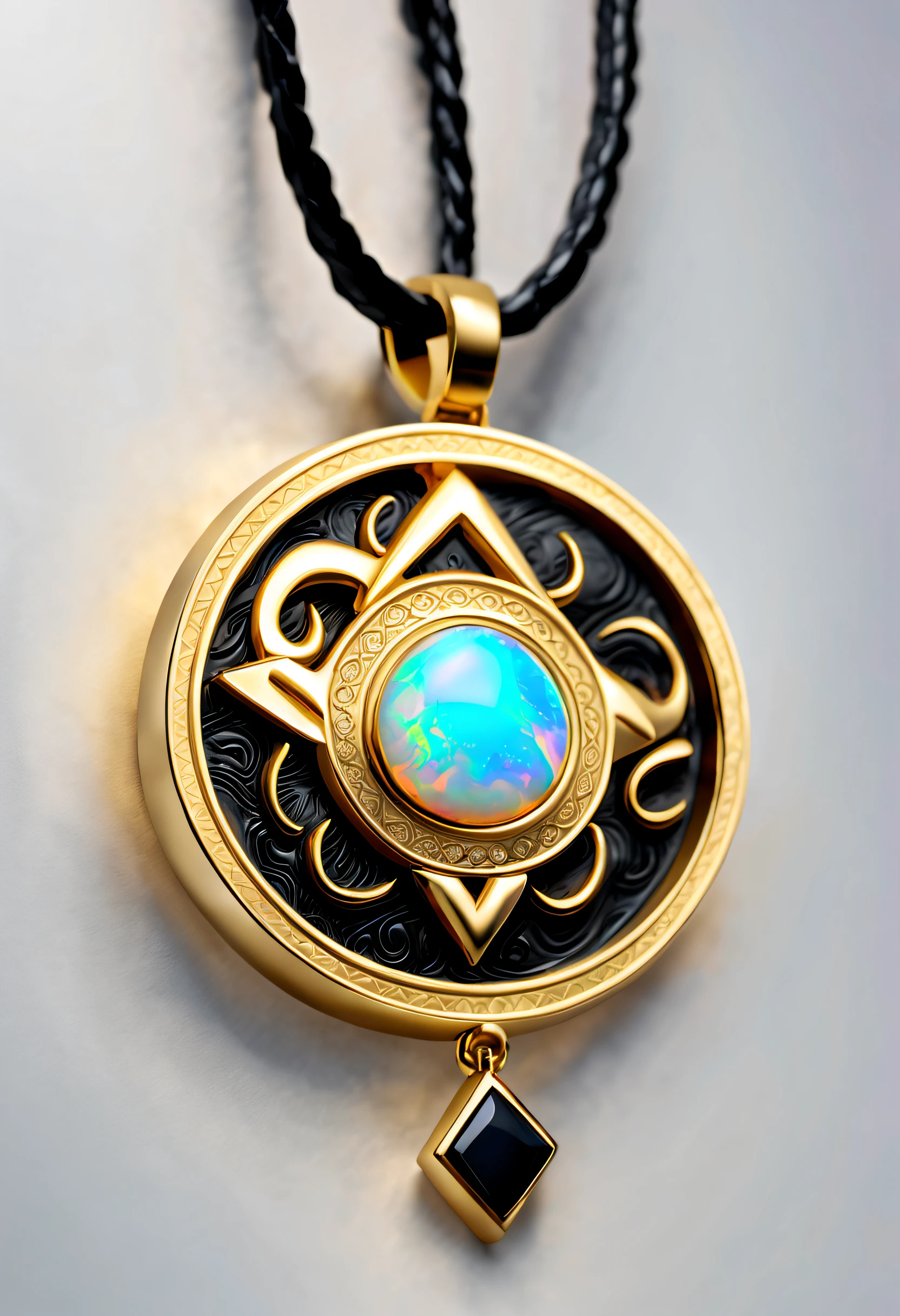 Tristan Eaton style,Item design, Brand design, Logo design, (Taurus abstract pendant), (Engraved Taurus pattern), (double opal: 1.3), (Taurus zodiac symbol: 1.2), (The pendant is engraved with the letters cindy xu on the side), (Black leather rope), (black and gold border: 1.1), Frosted process, Geometric patterns, Black stone, Beautifully complex structure, Boho Style, Van Clippard, cartier, Background with: The white, jewelry photography, hyper HD, high high quality,