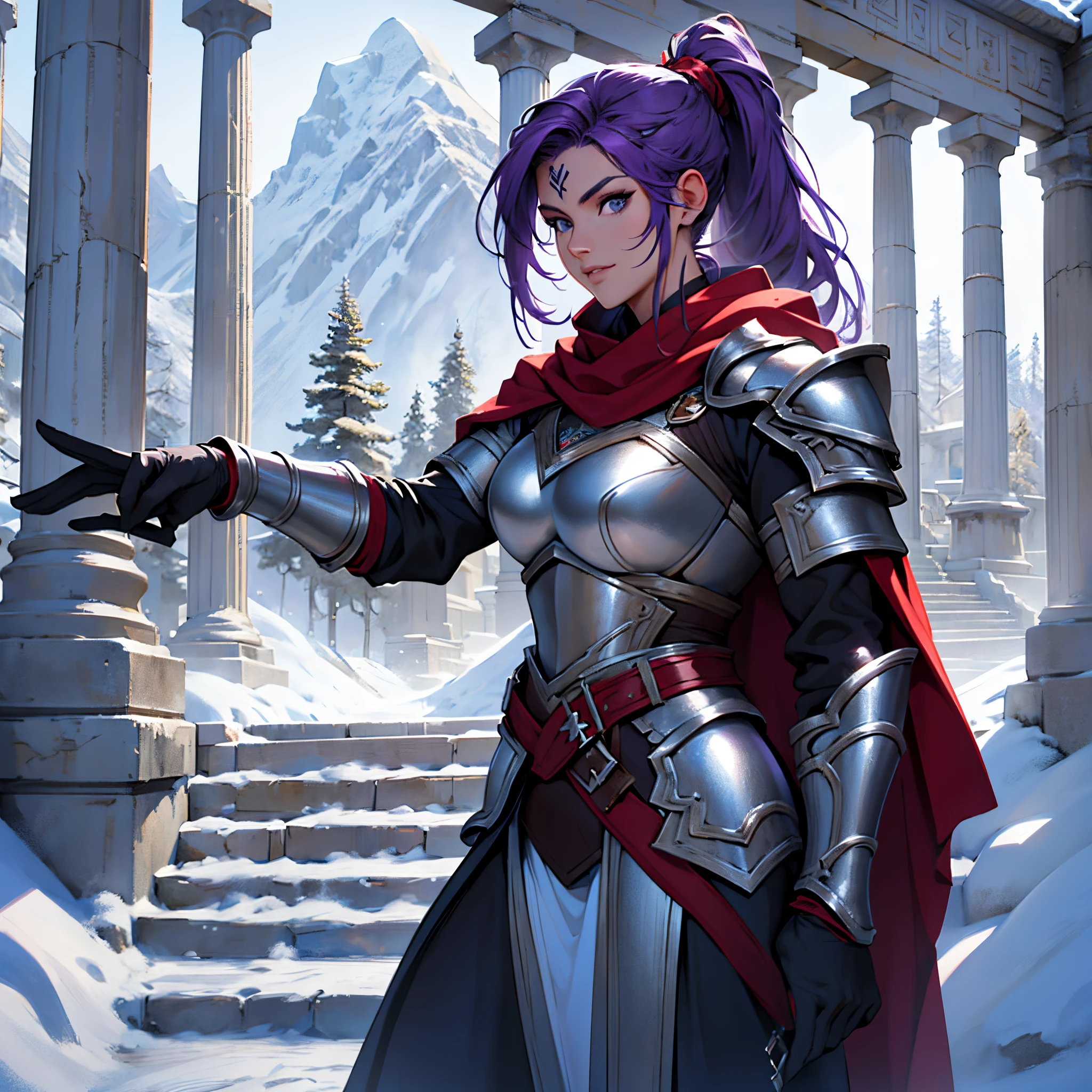 ​masterpiece, Best Quality, 4k, Background with:In front of the snow-covered stairs of a Greek temple with snow-capped mountains in the distance, One female Valkyrie warrior wearing silver armor and dark red cape, ponytail bright purple hair, Tattoo on the face, Fantasy, close up portrait photo