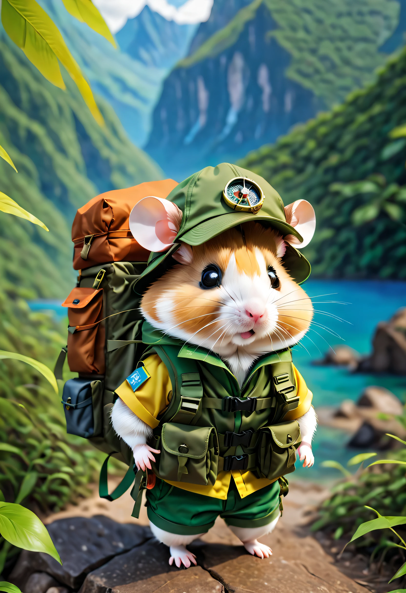 1 cute hamster adventurer、(garments:Hamster Adventurer wears lightweight yet hard-wearing adventure clothing。This outfit can include a camo colored adventure vest,Ample pockets for storing gadgets and food。It can also wear an adventure hat,There is a string tied to the chin of the hat,To prevent it from being blown away by the wind when traveling)。(equip:Hamster adventurer carrying a small backpack,A rope tied to the backpack,Easy to carry。A backpack filled with essential adventure tools,like a little compass、folding telescope、multifunctional knife, ETC.。It may also carry a small trekking pole,Helps navigate rough terrain),Dutch、Caribbean、Sail ships、adventuring、Module、Thrilling、treasures、adventurer、islands、Originality、imagination,Costume animals page