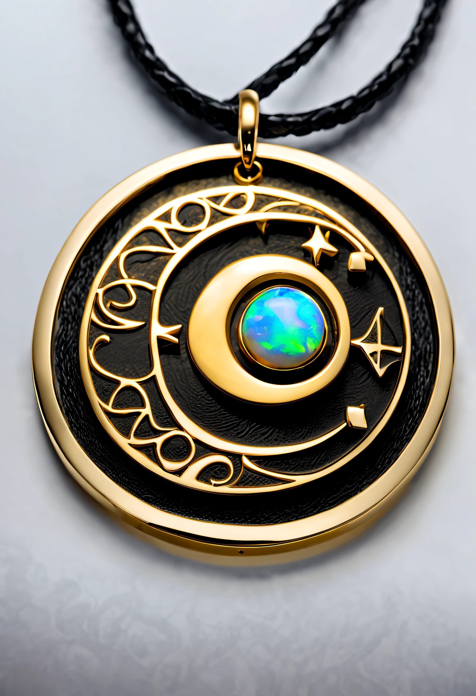 Qingdao Chiho style，Item design, Brand design, Logo design, (Sagittarius black and gold round abstract pendant), (Engraved golden Sagittarius pattern), (double opal: 1.3), (Sagittarius zodiac symbol: 1.2), (The pendant is engraved with the letters cindy xu on the side), (Black leather rope), (black and gold border: 1.1), Frosted process, Geometric patterns, Black stone, Beautifully complex structure, Boho Style, Van Clippard, cartier, Background with: The white, jewelry photography, hyper HD, high high quality,