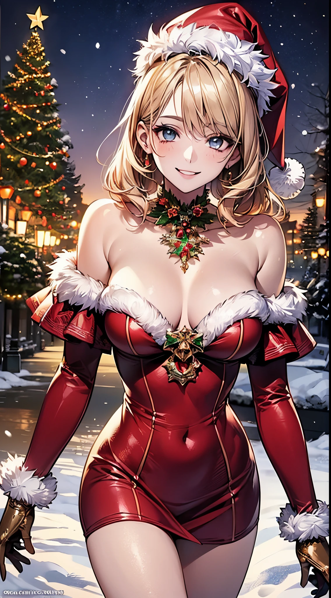 ((((perfect anatomy, super detailed skin)))), 1 girl, japanese, , shiny skin, large breasts:0.5, watching the view,
beautiful hair, beautiful face, beautiful detailed eyes, (middle hair:1.4), light blond hair,
beautiful clavicle, beautiful body, beautiful chest, beautiful thigh, beautiful legs, babyface, monder eye,
((metallic red santa claus hat, metallic red off shoulder santa claus mini dress, white fur cuffs, metallic red fur gloves), christmas necklace), seductive thighs, ,
(smile:1.5), walking,
(beautiful scenery),winter, midnight, christmas, outdoors, park, (christmas tree), illumination, snow, snowfall:1.5,
(8k, top-quality, masterpiece:1.2, extremely detailed), (photorealistic), beautiful illustration, cinematic lighting,