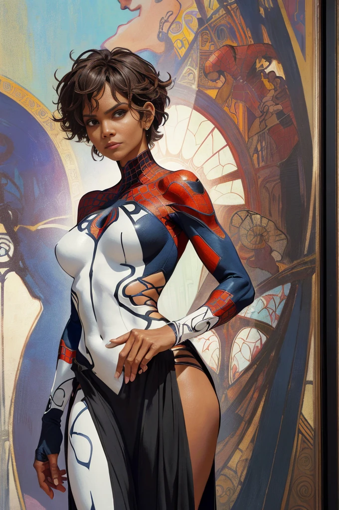 Halle Berry、Sticking out the navel、newyork、She wears a torn Spider-Man suit,wearing skirt、abstract photorealistic、artistic、Alphonse Mucha's painting(masterpiece、top-quality、hight resolution:1.4)、detaileds、intricate-detail、4K、color splashes、line-drawing、Fibonacci、