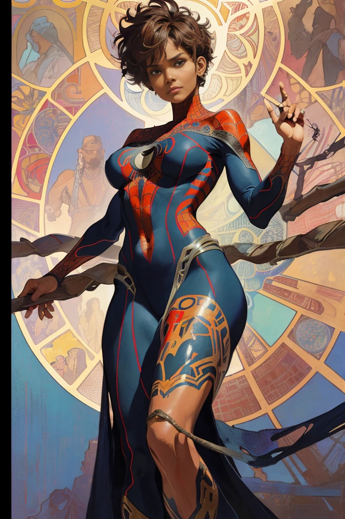 Halle Berry、Sticking out the navel、newyork、She wears a torn Spider-Man suit,wearing skirt、abstract photorealistic、artistic、Alphonse Mucha's painting(​masterpiece、top-quality、hight resolution:1.4)、detaileds、intricate-detail、4K、color splashes、line-drawing、Fibonacci、