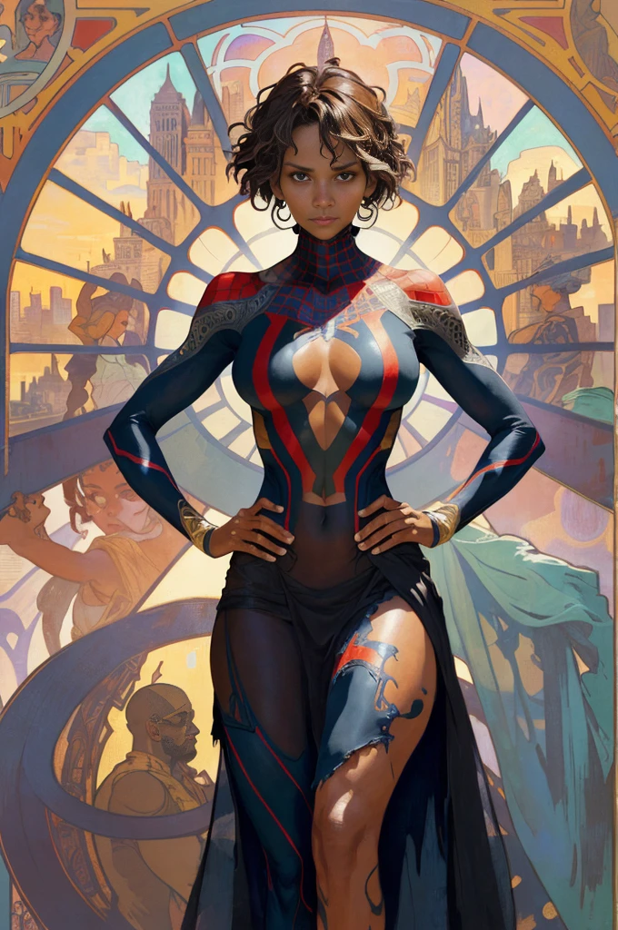 Halle Berry、Sticking out the navel、newyork、She wears a torn Spider-Man suit,wearing skirt、abstract photorealistic、artistic、Alphonse Mucha's painting(​masterpiece、top-quality、hight resolution:1.4)、detaileds、intricate-detail、4K、color splashes、line-drawing、Fibonacci、