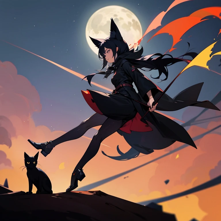 the witch Female around 25 years old Boom black cat with long tail nigh sky