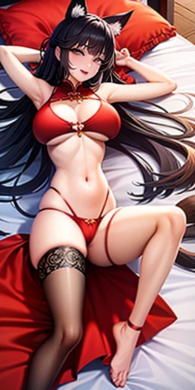 A 19-year-old mature busty sister with fox ears,Lying on the bed wearing a cheongsam and bikini,suggestive liquid,blacksilk,Be red in the face