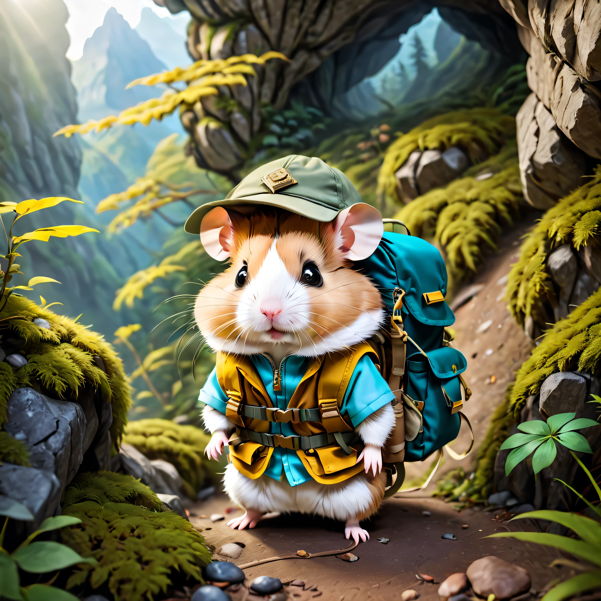 a high cave,surrounded by moss and branches。In a corner of the cave,you can see a little hamster,(appearance:Hamster adventurer is a small and cute animal,The body is round and fat,Coat color can be gray or brown。It has a pair of bright round eyes,express intelligence and curiosity)。(garments:Hamster Adventurer wears lightweight yet hard-wearing adventure clothing。This outfit can include a camo colored adventure vest,Ample pockets for storing gadgets and food。It can also wear an adventure hat,There is a string tied to the chin of the hat,To prevent it from being blown away by the wind when traveling)。(equip:Hamster adventurer carrying a small backpack,A rope tied to the backpack,Easy to carry。A backpack filled with essential adventure tools,like a little compass、folding telescope、multifunctional knife, ETC.。It may also carry a small trekking pole,Helps navigate rough terrain)。(Posture and movement:Hamster Adventurer can stand or sit on the backpack,Appear alert and ready to take action。Its front paws can grasp a small rope,Just like preparing to climb or rappel。Its hind paws can be slightly bent,Provides stable and flexible posture)。 (电影灯光, first person perspective, angle of view, in a panoramic view, ultra-wide-angle, hyper HD, Anatomically correct, tmasterpiece, Acura, Award-Awarded, Best quality),