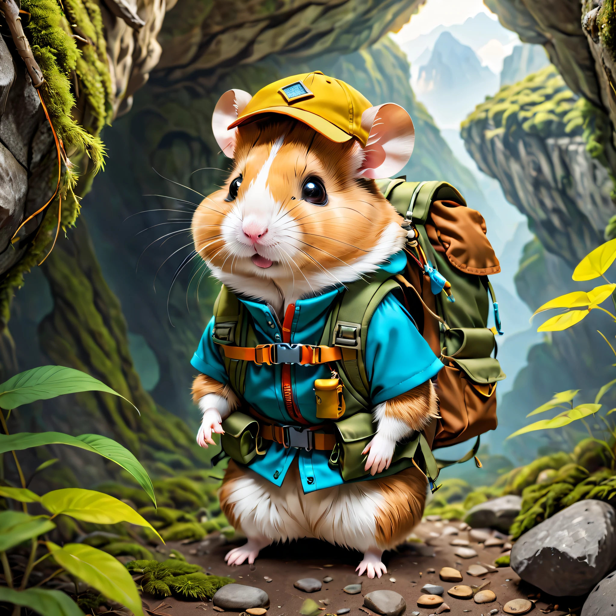 (Best quality at best, 8K, A high resolution, tmasterpiece:1.2), ultra - detailed, (actual, realistically, realistically:1.37), Vibrant colors, magical ambiance, Whimsical, ((1 cute hamster adventurer，Wear a lightweight and durable adventure gear，Camouflage Colorful Adventure Vest，Wearing an adventure hat，Bring a small hiking pole, Explore a Mayan temple in the pristine jungle)), Surreal, Psychedelic, Complicated details, Beautiful texture, Ethereal, like a dream, Soft glowing light, Charming Patterns, fantastical creature, Hidden surprises, dreamlike landscapes, Surreal color palette, Mystic aura, ultra-realistic realism, Enchanting journey, psychedelic trip, vivid imagination, immersive experience, mysterious creature, otherworldly charm, glowing paths, light up the forest floor, surreal sky, whimsical characters, glowing light eyes, a magical encounter, adventure helmet, Fascinating artwork
