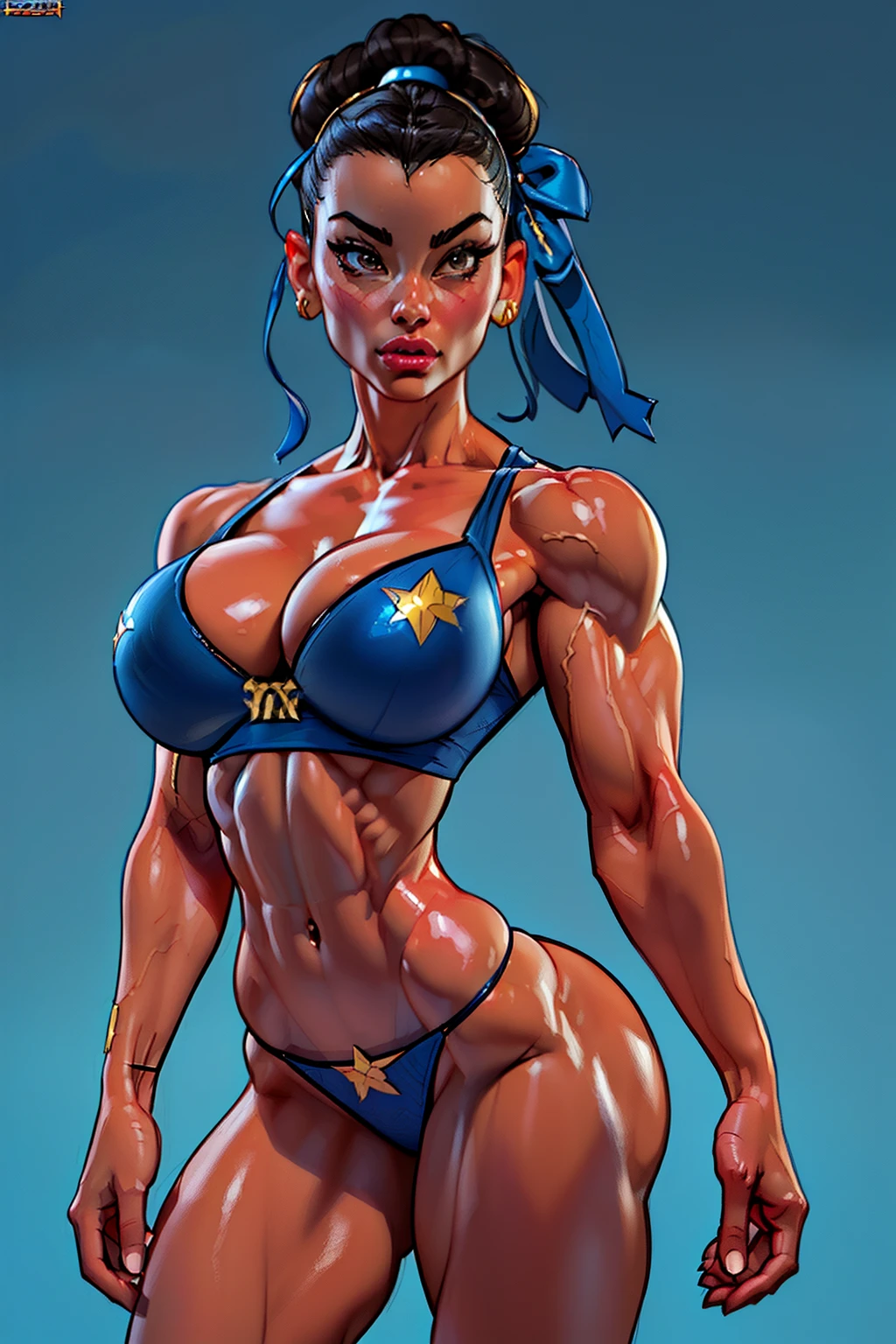 ((masterpiece)),(((best quality))),((character design sheet)), Drawing of street fighter Chun Li, dressed in (small dark blue micro-thong, dark blue micro-bikini:Star motif ) , ((Beautiful and aesthetic)), muscular fit body abs, Sexy, under-boobs, Hot, (Cream gradient background), giant tits, huge breasts