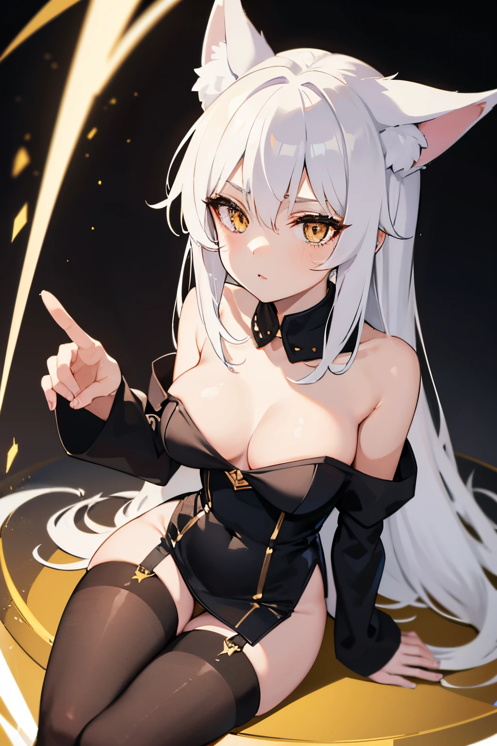 Fox Ear Girl (whitehair,Golden Eyes),black warrior outfit,Open shoulders,Beautiful thighs,Black Stockings,Prostitute