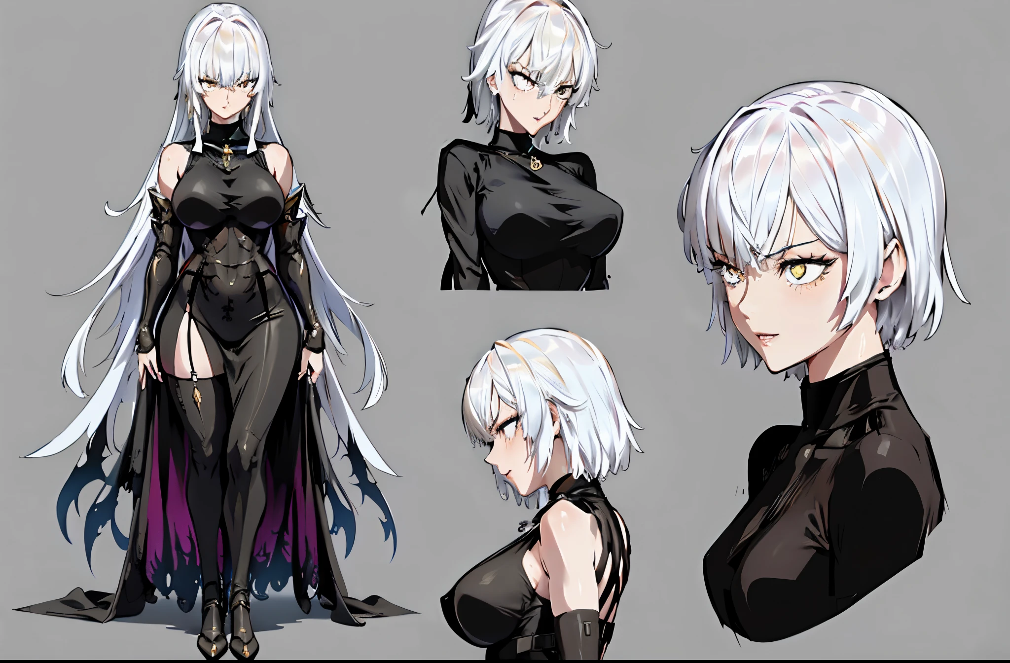 MultiView, beautiful, masterpiece, best quality, perfect lighting, reference sheet, model sheet, (multiple views, [from behind|from side|from front|close-up|upper body|portrait]:1.2), (monster girl:1.2), detailed hands and fingers, high quality, Fubuki (one punch man), iom, parkdona, puuna, black sweater, turtleneck, sleeveless, yellow skirt, plaid skirt, 1girl, black dress, long hair, large breasts, fur coat, masterpiece,best quality, looking at viewer, snow,, full body, female focus , smile, lines rich in thickness variation, anime girl with red glasses and a red dress, discord profile picture, artwork in the style of guweiz, guweiz, high quality portrait, 2 b, 2b, persona 5 art style wlop, detailed fanart, pixiv, from arknights, digital art on pixiv, trending on artstation pixiv, pixiv style, 20yo,Young female,Beautiful Finger,Beautiful long legs,Beautiful body, Beautiful Nose,Beautiful character design, perfect eyes, perfect face,expressive eyes,perfect balance, looking at viewer,(Focus on her face),closed mouth, (innocent_big_eyes:1.0),(Light_Smile:0.3), official art,extremely detailed CG unity 8k wallpaper, perfect lighting,Colorful, Bright_Front_face_Lighting,White skin, (masterpiece:1.0),(best_quality:1.0), ultra high res,4K,ultra-detailed, photography, 8K, HDR, highres, absurdres:1.2, Kodak portra 400, film grain, blurry background, bokeh:1.2, lens flare, (vibrant_color:1.2),professional photograph, (Beautiful,large_Breasts:1.4), (beautiful_face:1.5),(narrow_waist), Perky Breasts, a cartoon drawing of a woman in a bikini and a cape, thicc, oppai proportions, thick black lineart, cel - shaded art style, hands behind her body pose!, holding a pudica pose, cel shaded anime, covered nsfw huge breasts, small curvy waist, black-white skintight robes, reference sheet, model sheet, simple background,