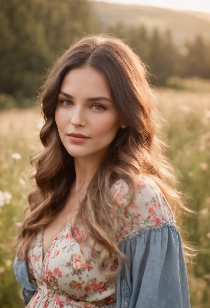 a close-up photo of a pregnant woman, Bohemian-inspired dresses, Wear a flowy maxi dress with floral prints, Pair with a denim jacket and floppy hat and vintage accessories. Your hair is styled in loose waves or natural curls. The backdrop is a sunny park or meadow, com grama alta e flores silvestres,Cabelos curtos dourados