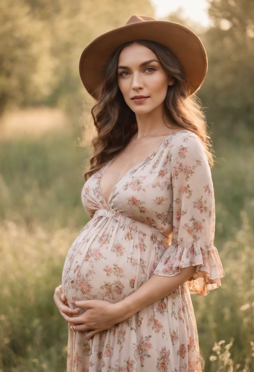 a close-up photo of a pregnant woman, Bohemian-inspired dresses, Wear a flowy maxi dress with floral prints, Pair with a denim jacket and floppy hat and vintage accessories. Your hair is styled in loose waves or natural curls. The backdrop is a sunny park or meadow, com grama alta e flores silvestres,Cabelos curtos dourados