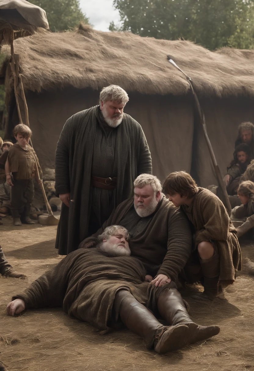 A photo of Hodor and Bran Stark tending to the injured villagers after a tragic accident,Game of Thrones,Hodor, a beloved character from “Game of Thrones,” is notable for his towering height and robust build, giving him a gentle giant appearance. He has a simple, kind face, often marked by a look of confusion or contentment, and his clothing is typically plain and functional, suited to his role as a stable boy. , male