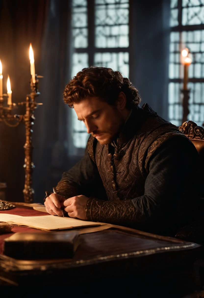 A photo of Robb sitting at his desk writing letters with a quill,Game of Thrones TV series,Robb Stark has curly auburn hair, blue eyes, and stubble. Famously portrayed by Richard Madden., male