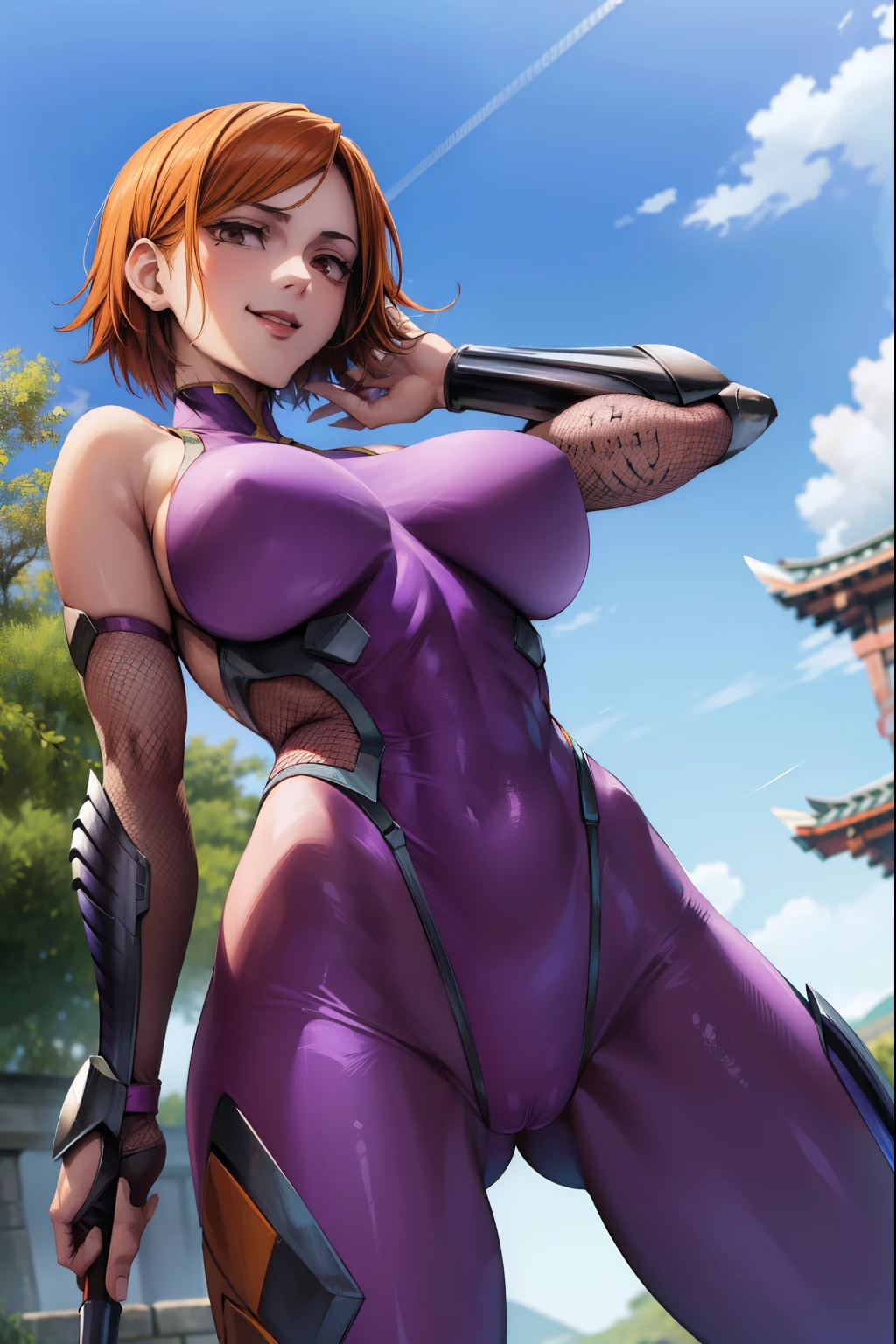 (masterpiece), (best quality), (ultra-detailed), (best illustration), (best shadow), (absurdres), nobarakugisakinova, 18yo,short hair, orange hair, brown eyes, kugisaki nobara,NobaraJK,(holding iron hammer:1.2), Mole under the outer edge of the eye, large breasts, (asagioutfit,purple bodusuit,fishnets,arm guard), navel, (dynamic sexy pose,dynamic angle),from below,happy smile,shrine background,blue sky,strong wind,