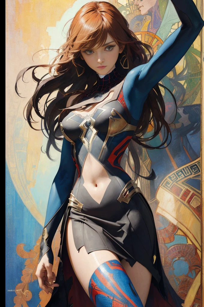 Anne Hathaway、Sticking out the navel、newyork、She wears a torn Spider-Man suit,wearing skirt、abstract photorealistic、artistic、Alphonse Mucha's painting(​masterpiece、top-quality、hight resolution:1.4)、detaileds、複雑なdetaileds、4K、color splashes、line-drawing、Fibonacci、