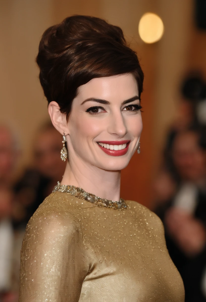 A photo of Anne Hathaway participating in a traditional tea ceremony,original,She stands approximately 5'8" tall and has a slim physique. She is known for her large, expressive brown eyes and a radiant smile featuring prominent, well-aligned teeth.
Hathaway has a fair complexion and, often, sports dark brown hair, although she has showcased various hair colors and styles through different roles in films, such as short-cropped hair for "Les Misérables" and longer, wavy styles for movies like "The Devil Wears Prada."
Her sense of style is often sophisticated and chic, reflecting in her choices for red carpet appearances. She is frequently lauded for her fashion choices which range from modern, edgy ensembles to more classic, timeless pieces., female