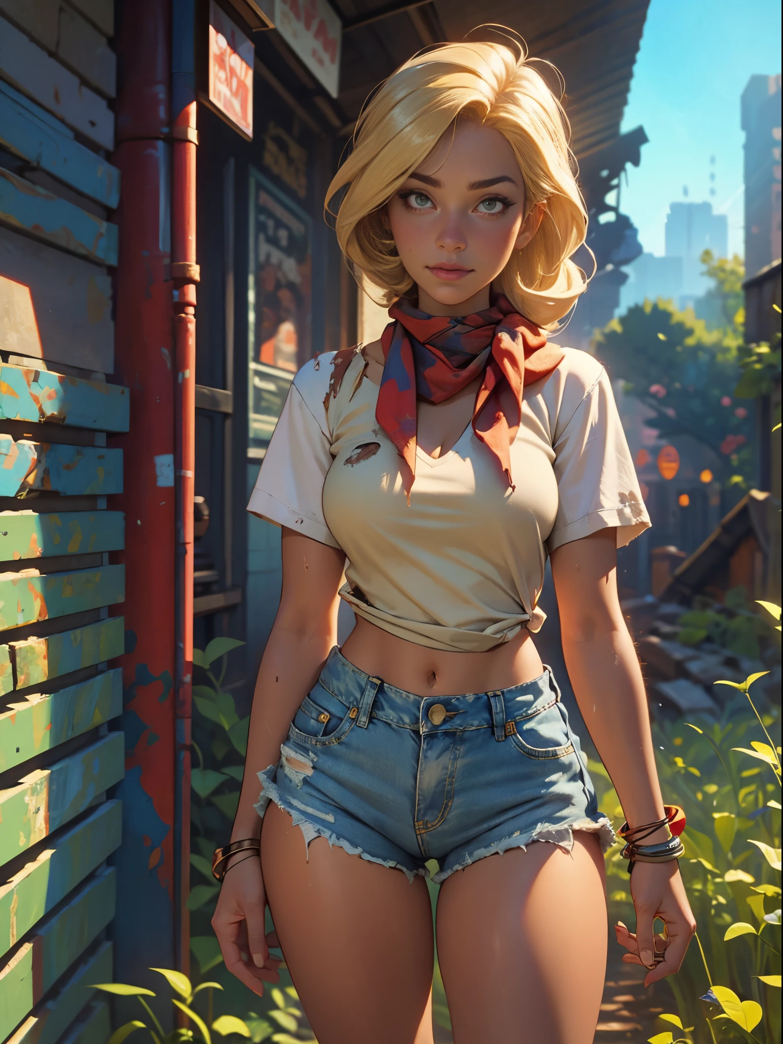 2076 year. The Urban Ruins of the Wasteland, Female huntress picking fruit in the garden, beautiful face, blonde, badly torn shirt and denim shorts ,  long legs, sweating through, sun rising, Nice warm colors, head to toe, full body shot, pretty hands, perfect fingers,