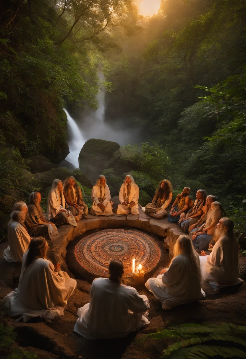 A group of participants sitting in a sacred circle, ready for the Ayahuasca ceremony,original,piercing, insightful eyes that reflect a lifetime of understanding the mind’s mysteries, and lengthy, silver hair that flows like a river down his back, complementing his earth-toned robes adorned with symbols of the natural world. His skin bears intricate tattoos, each a testament to a particular plant or psychedelic compound he has mastered. , male